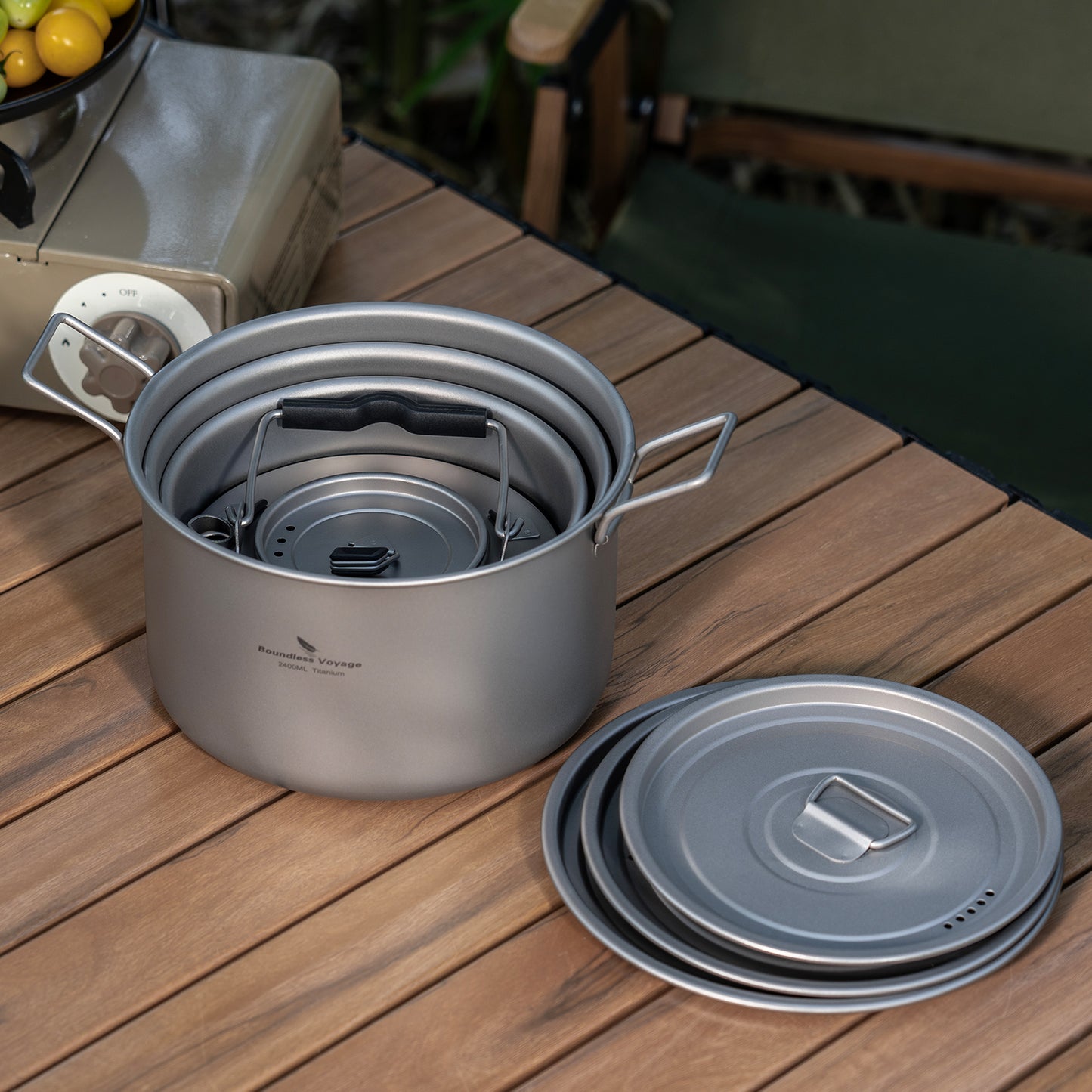 Boundless Voyage Titanium Cookware Set 3-Piece (1.2L/1.8L/2.4L) – Ultralight Camping Pots Set, Nesting Titanium Cooking Kit for Backpacking, Hiking & Outdoor Cooking