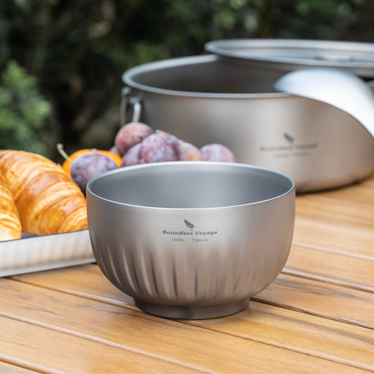 Boundless Voyage 500ml Titanium Double-Walled Bowl – Eco-Friendly TA1 Titanium Ultralight Insulated Camping Tableware for Rice, Soup & Oatmeal