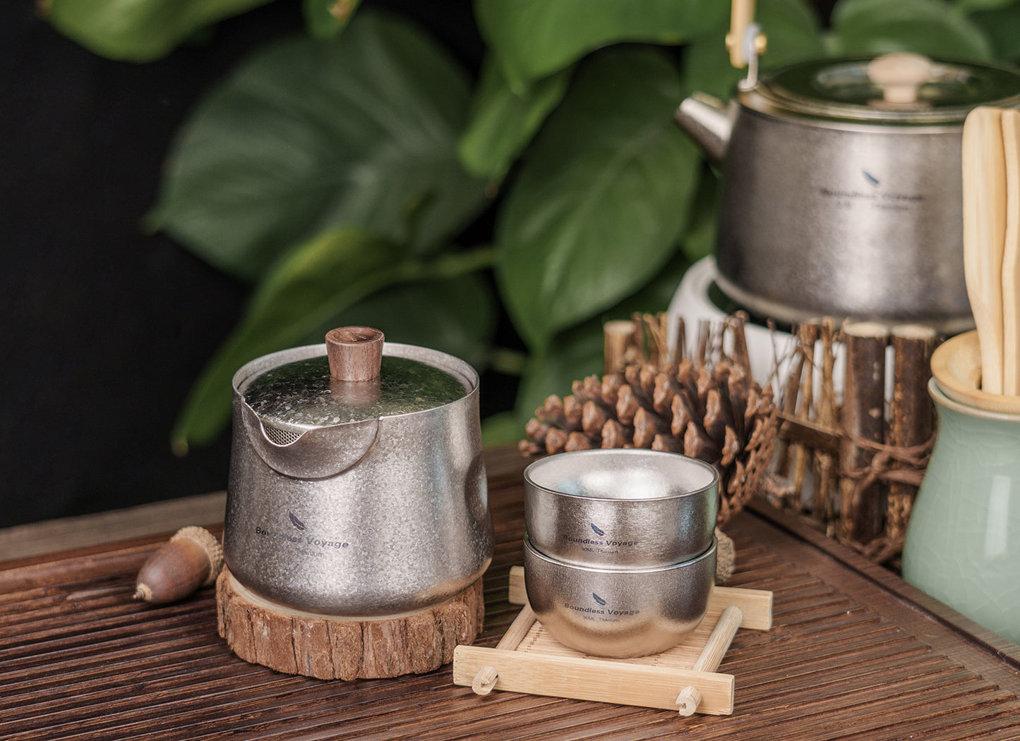 Boundless Voyage 150ml Titanium Double-Layer Tea Set | 109g Ultralight Mini Teapot & 30ml Cup | Insulated Anti-Scald Travel Tea Maker for Camping