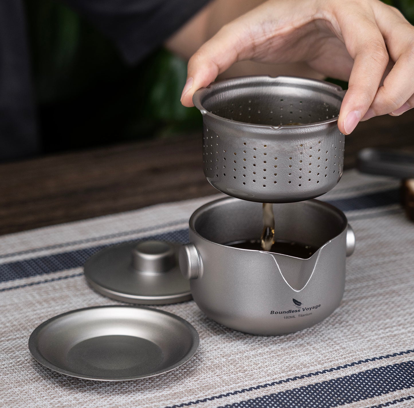 Boundless Voyage 180ml Titanium Double-Layer Tea Set | 136g Ultralight Teapot with 3pcs 30ml Anti-Scald Cups | Stackable Travel Tea Maker for Camping