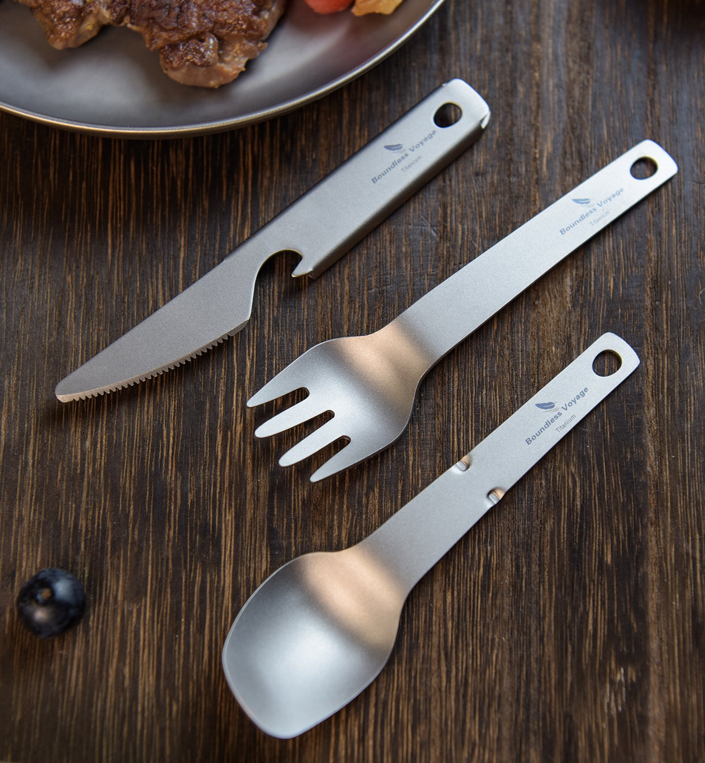 Boundless Voyage Titanium Cutlery Set – Ultralight Camping Knife Fork Spoon Set with Bottle Opener for Travel & Outdoor Use