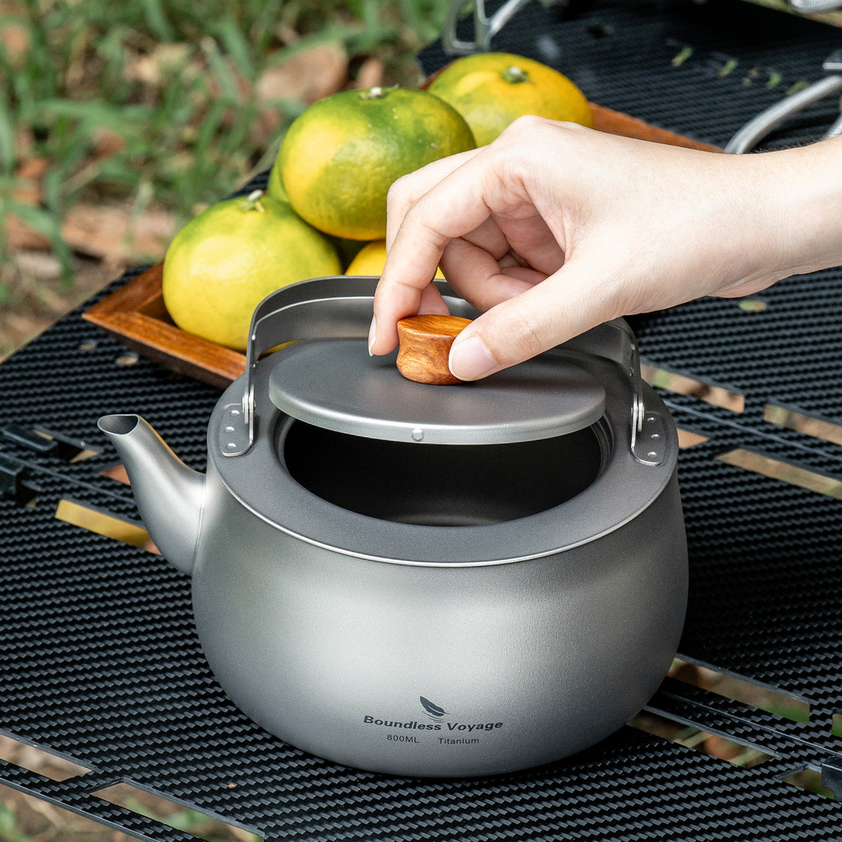 Boundless Voyage 800ml Titanium Camping Kettle – Ultralight Water Boiler with Folding Handle & Wooden Knob for Backpacking, Hiking & Outdoor Cooking