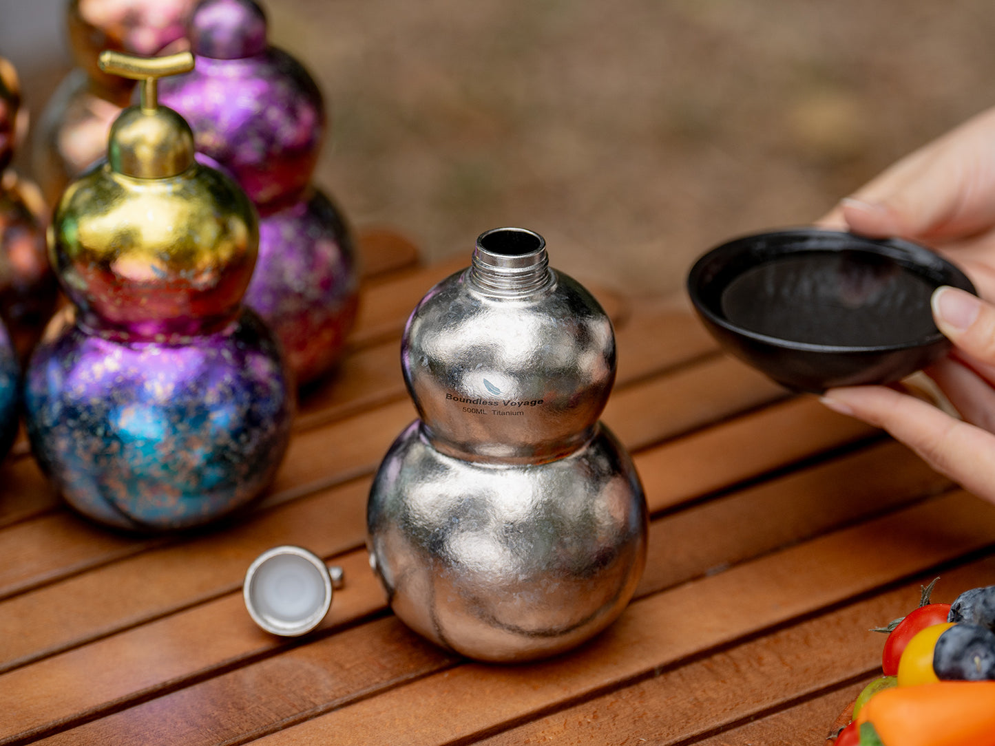 Boundless Voyage Premium Titanium Gourd Flask  | 500ml Crystallized Ice-Texture Canteen | Ultralight & Rustproof Alcohol Drinkware for Hiking & Camping