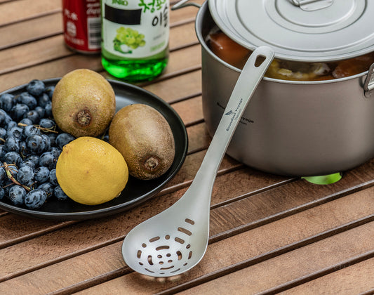 Boundless Voyage Ultralight Titanium Soup Skimmer & Colander – Long-Handle Portable Cooking Tool for Frying & Kitchen Use