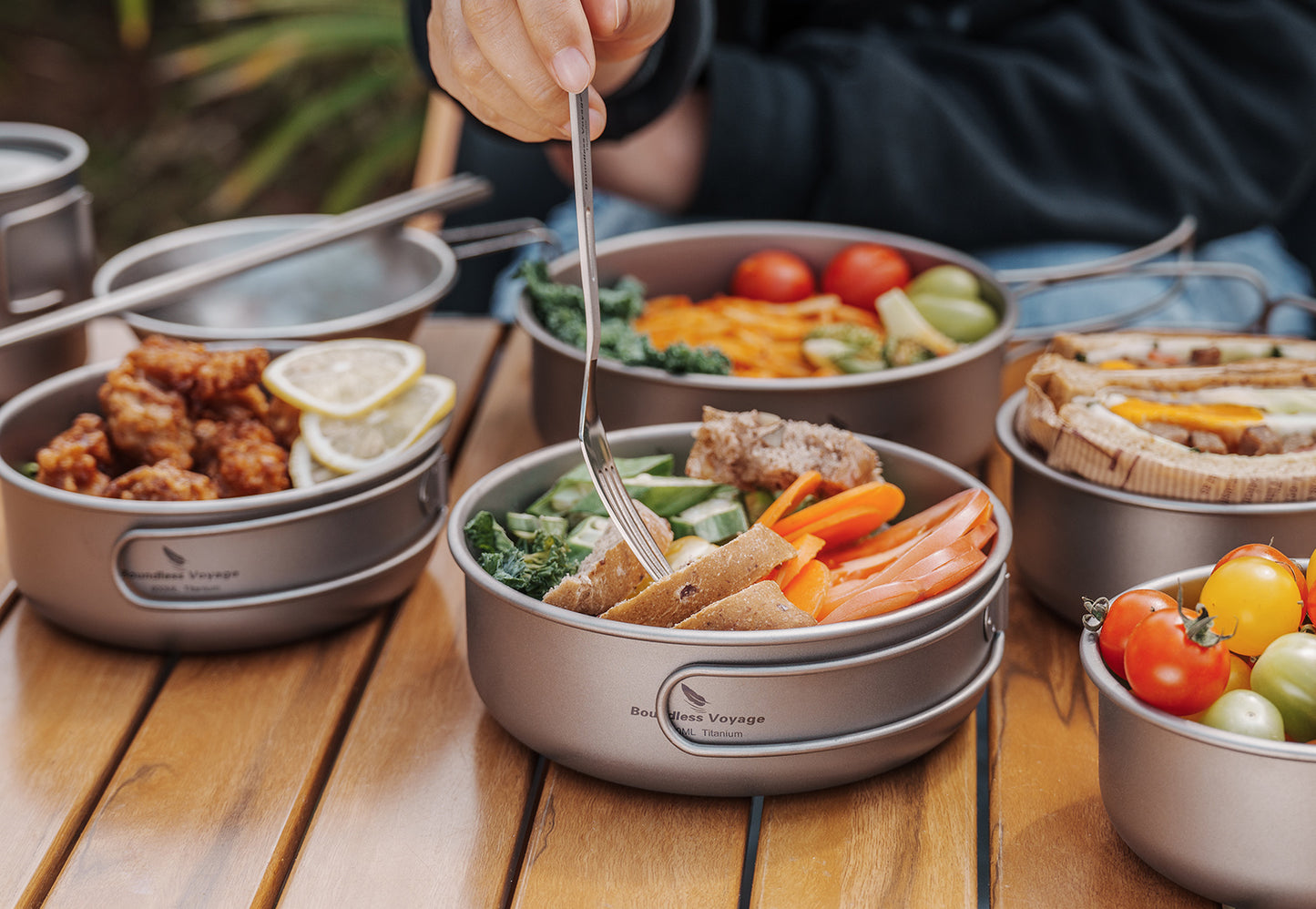 Boundless Voyage Titanium Bowls & Plates Set – 5-Piece Ultralight Folding-Handle Camping Tableware (350/500/600/700/800ml)