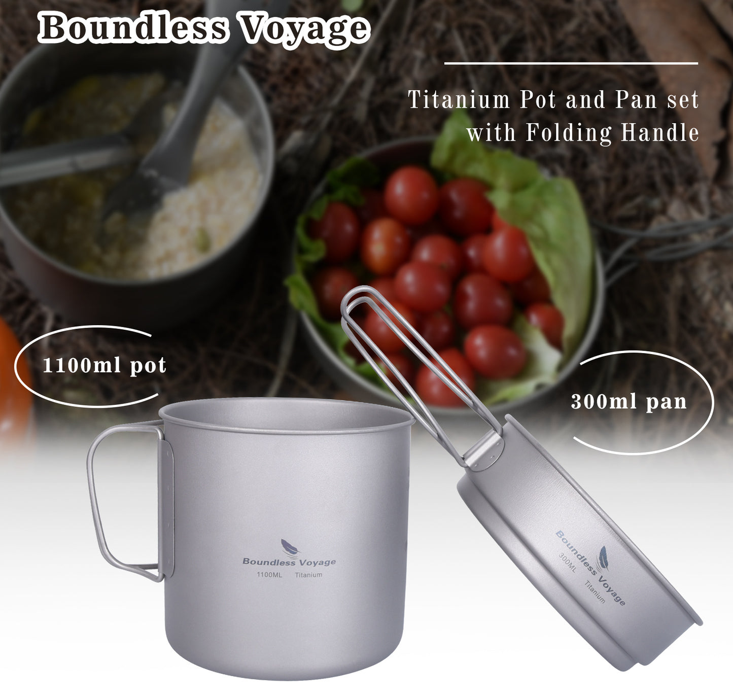 Boundless Voyage Titanium Pot & Pan Set with Folding Handles – Ultralight Camping Cookware Mess Kit for Hiking, Picnic & Outdoor Tableware