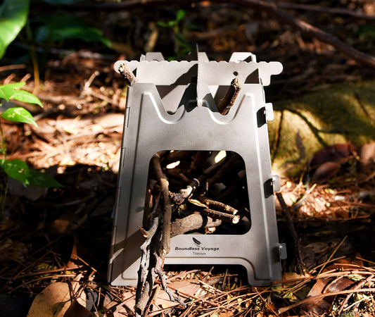 Boundless Voyage Titanium Folding Wood Stove with Pot Bracket – Ultralight Camping Charcoal Burner & Outdoor Portable Furnace for Hiking & Bushcraft
