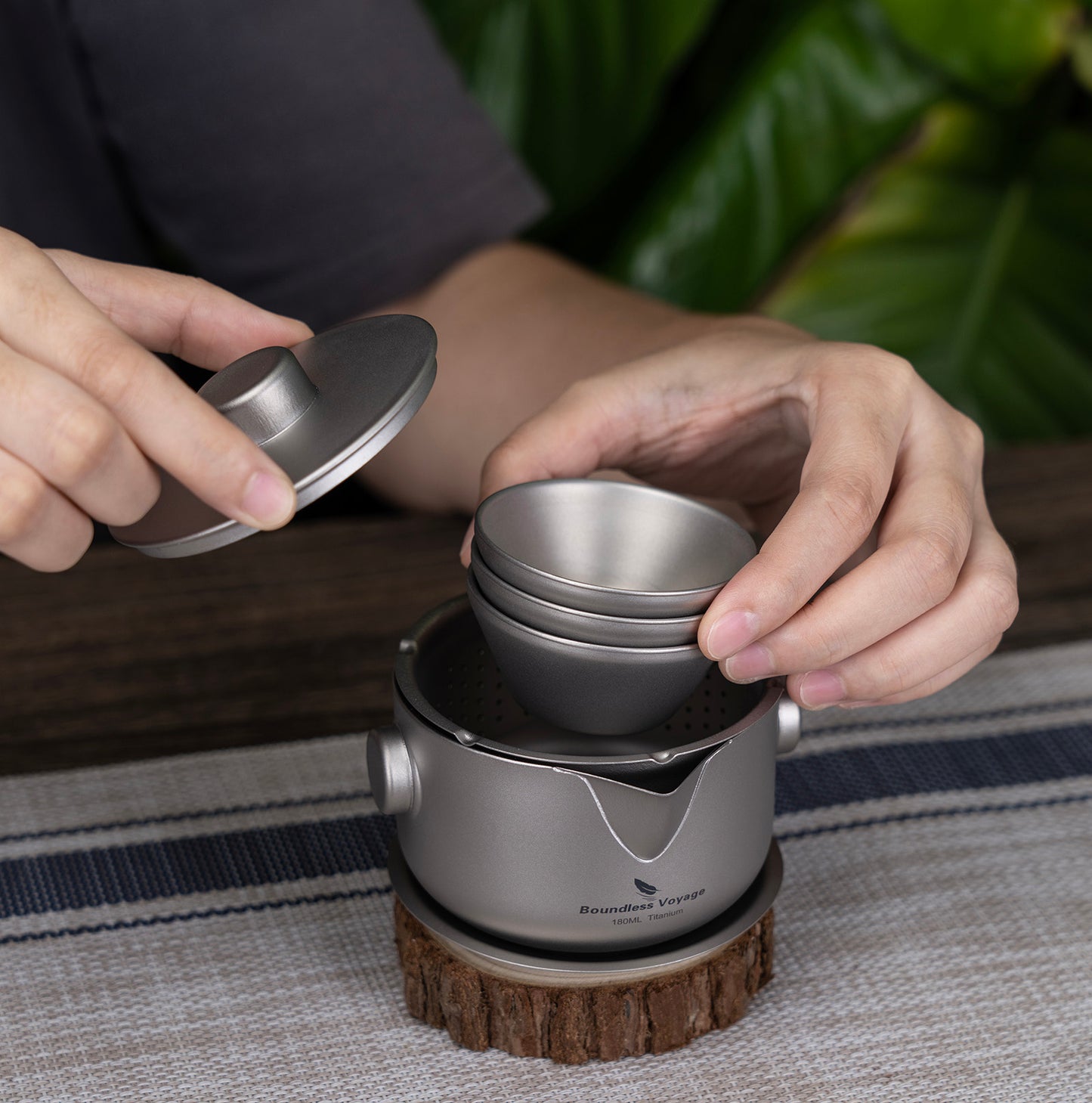 Boundless Voyage 180ml Titanium Double-Layer Tea Set | 136g Ultralight Teapot with 3pcs 30ml Anti-Scald Cups | Stackable Travel Tea Maker for Camping