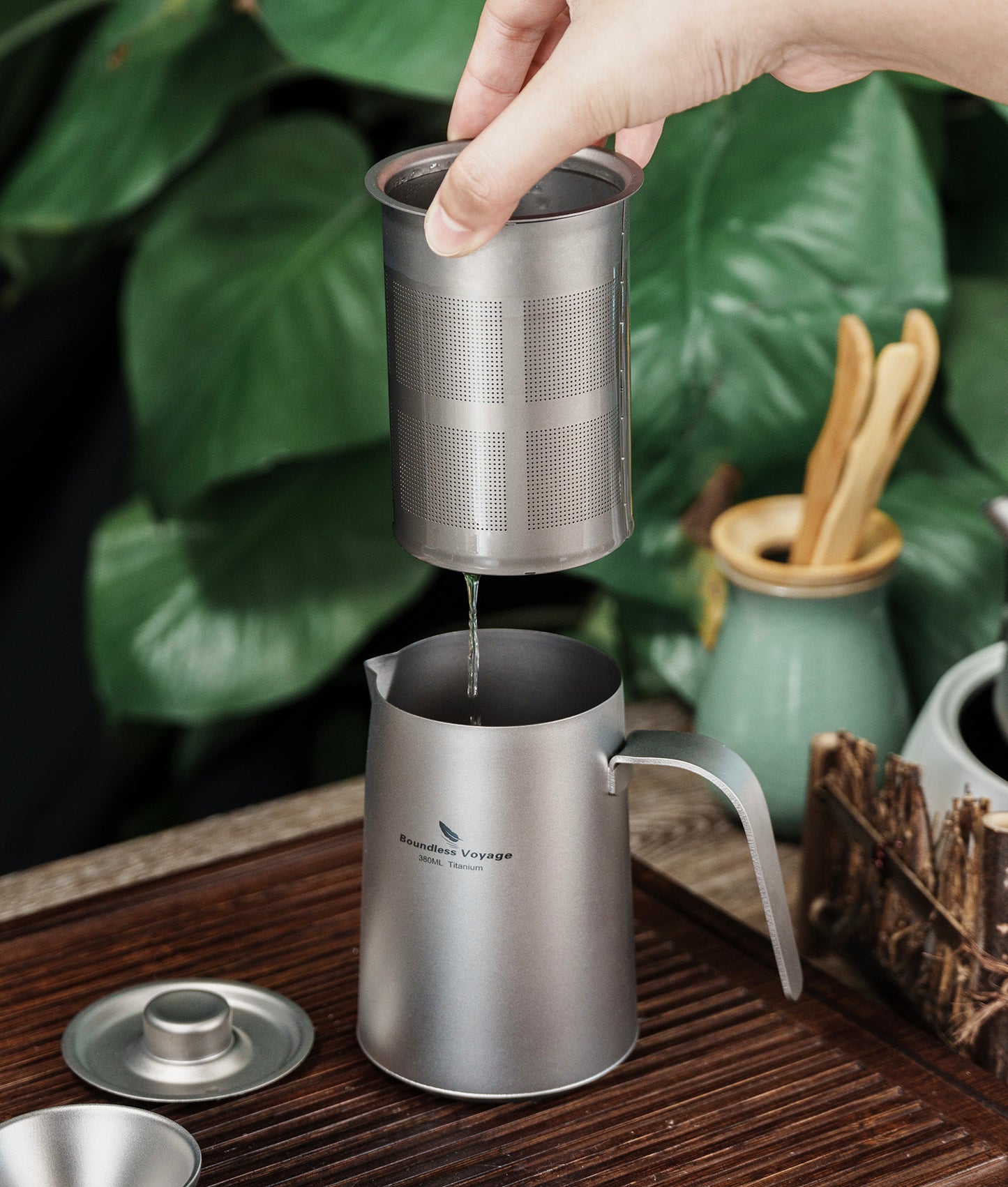 Boundless Voyage 380ml Titanium Teapot Set | 136g Ultralight Kettle with 40ml Double-Wall Cups | Anti-Scald Travel Tea Set for Camping & Hiking