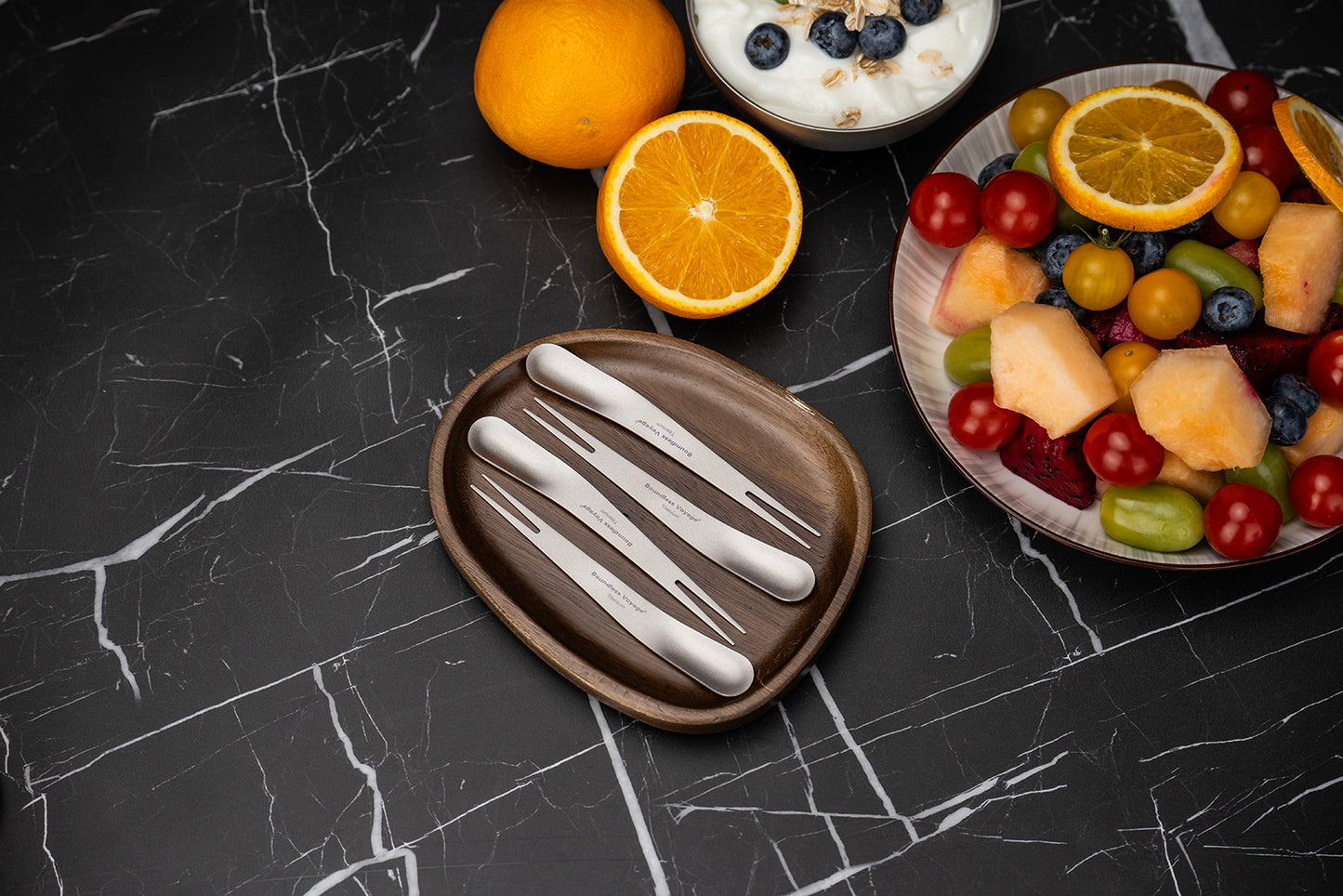 Boundless Voyage Titanium Dual-Use Fork & Spoon Set – 5pcs Ultralight Camping Cutlery with Drawstring Bag for Fruits, Coffee, Ice Cream & Travel