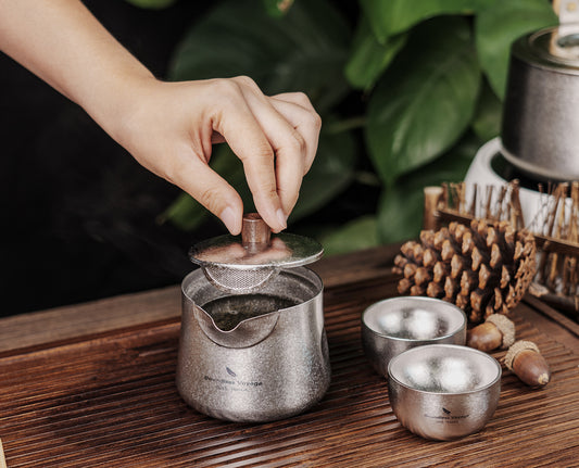 Boundless Voyage 150ml Titanium Double-Layer Tea Set | 109g Ultralight Mini Teapot & 30ml Cup | Insulated Anti-Scald Travel Tea Maker for Camping
