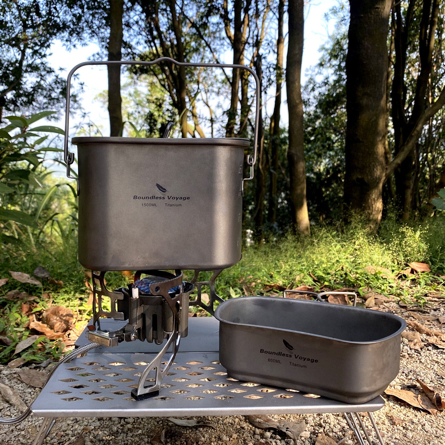 Boundless Voyage Titanium Hanging Pot & Cup Set – Ultralight Campfire Cooking Kit with Lid, TA1 Titanium Camping Cookware for Backpacking, Hiking & Outdoor Use