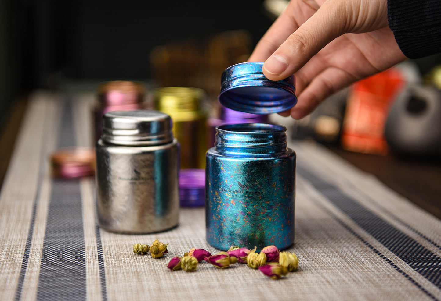 Boundless Voyage Mini Titanium Tea Caddy – Colorful Ice Texture Tea Canister for Loose Leaf Tea, Coffee, Spices & Portable Dry Storage
