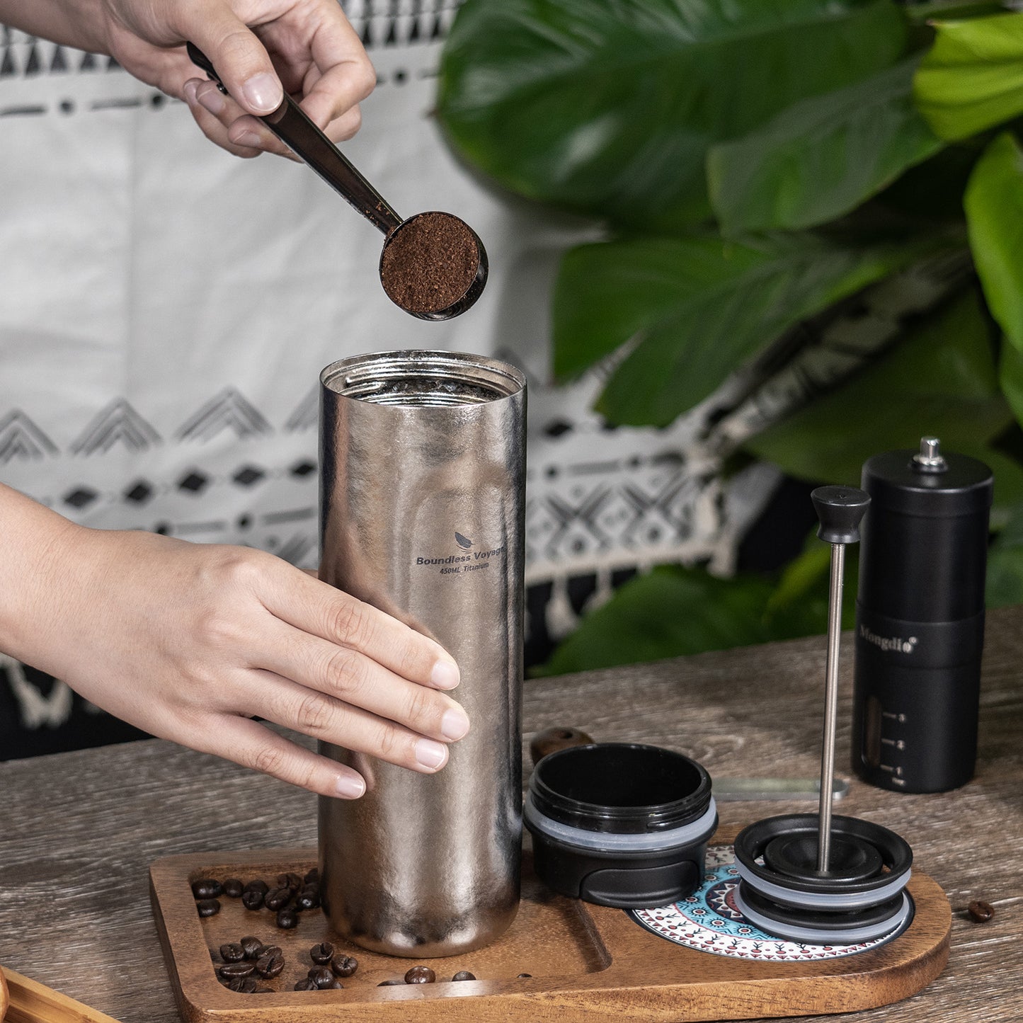 Boundless Voyage Titanium French Press Coffee Tumbler Thermos with Lid Double-Walled Insulated Water Bottle Mug 450ml