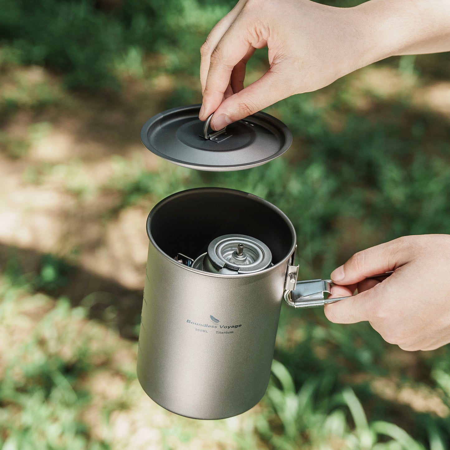 Boundless Voyage TA1 Titanium Outdoor Pot with Lid – Ultralight Folding Handle Camping, Hiking & Picnic Cookware