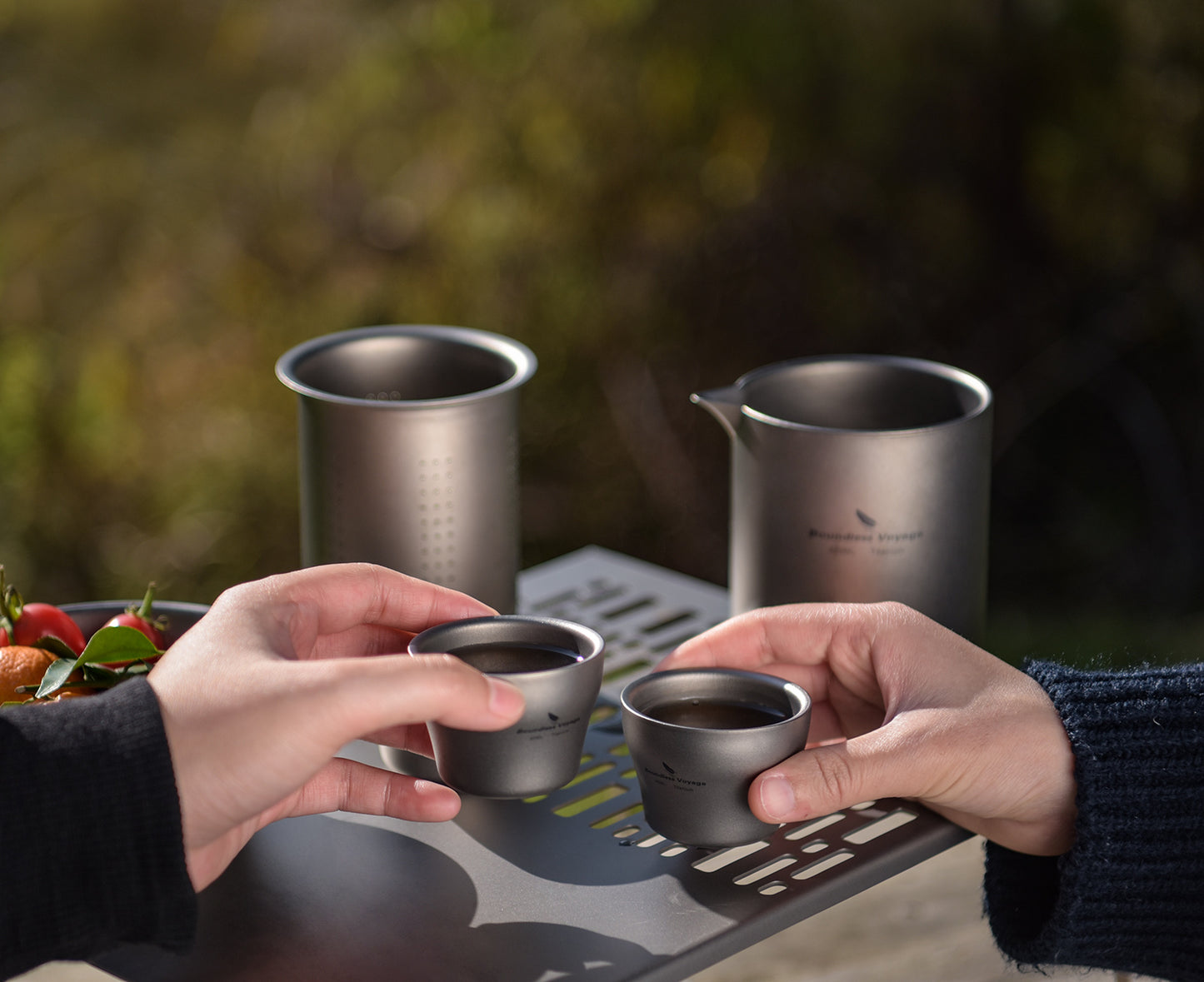 Boundless Voyage 400ml Titanium Double-Layer Tea Maker Set | 168g Insulated Teapot with 45ml Anti-Scald Cups | Lightweight Double-Walled Travel Tea Set