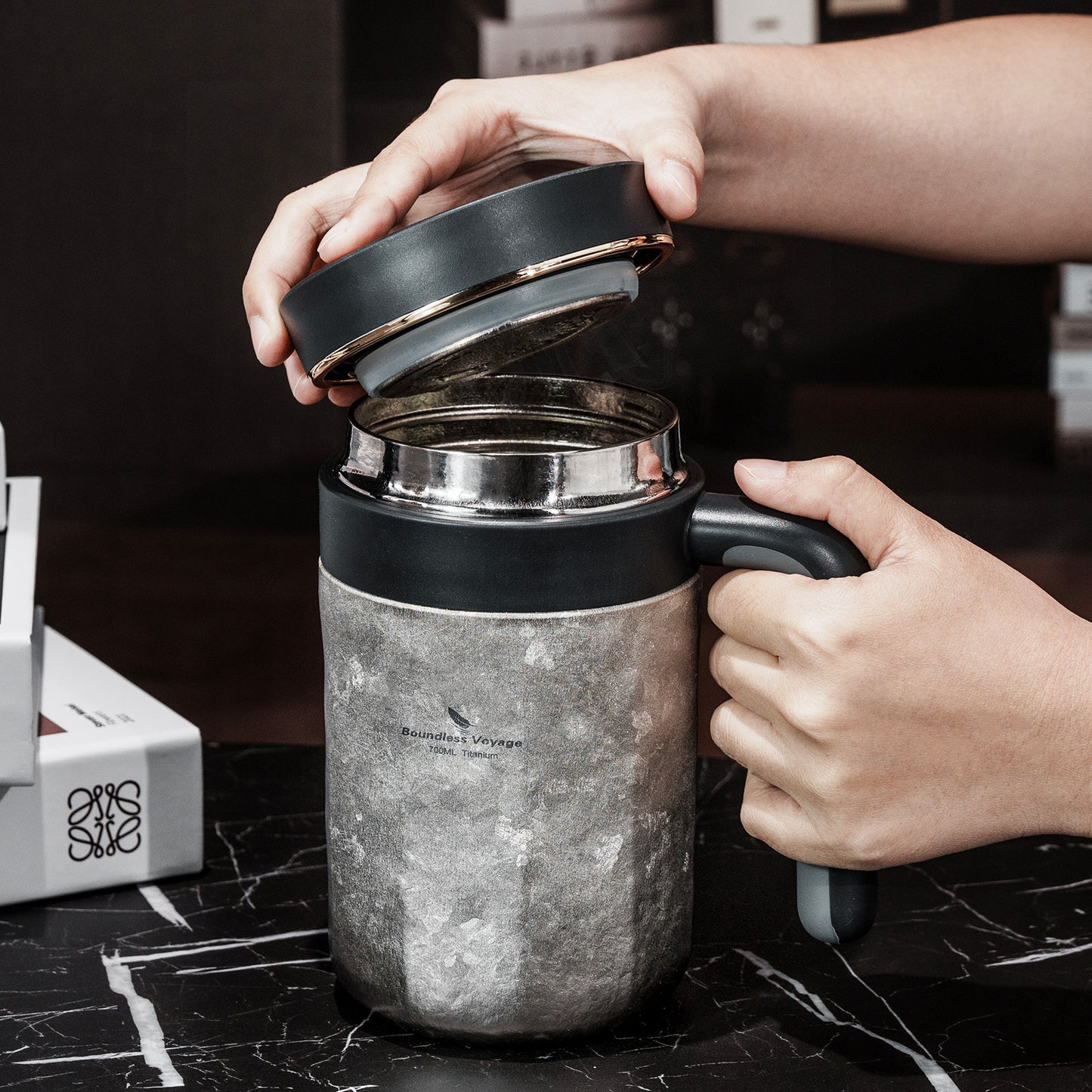 Boundless Voyage Titanium 700ml Double-Walled Insulated Cup with Lid & Filter | Portable Travel Coffee Mug for Hot & Cold Drinks