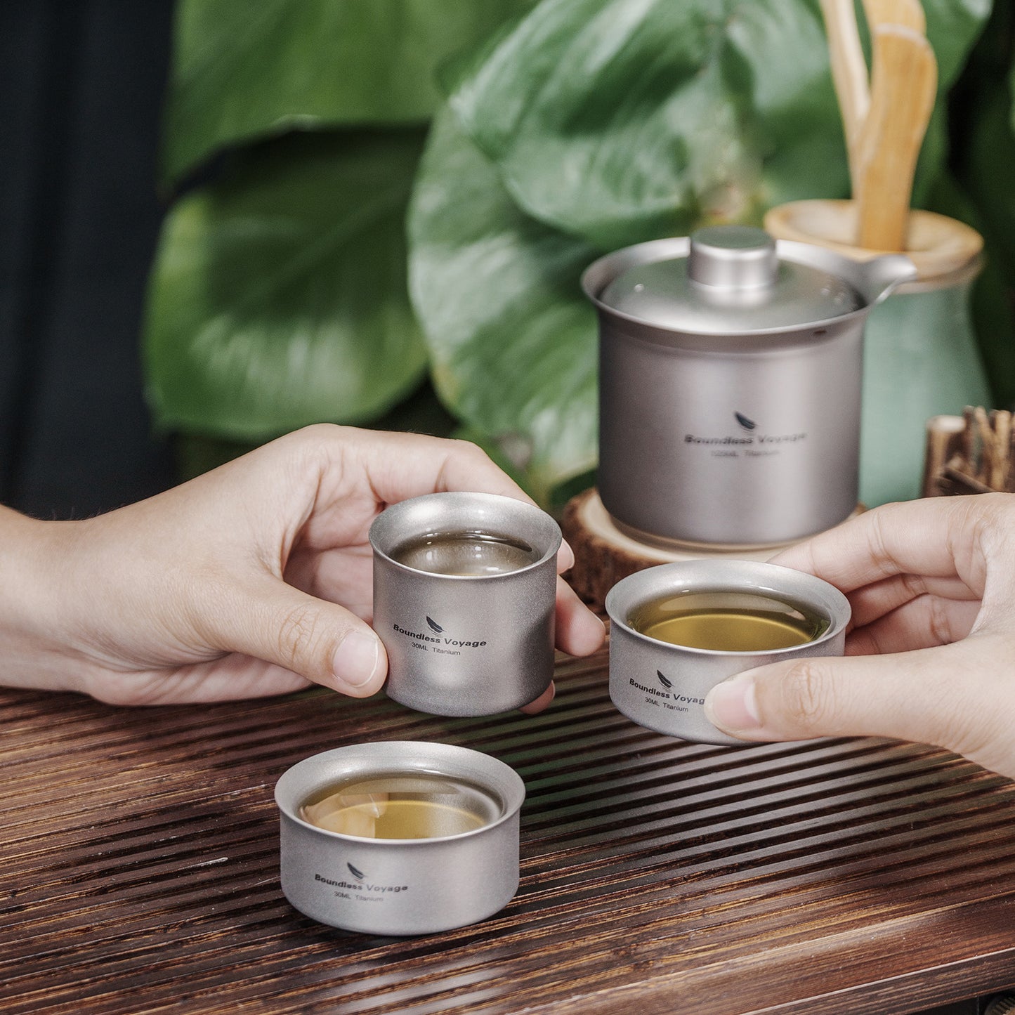 Boundless Voyage Titanium Double-Layer Tea Maker Set – Ultralight Camping Tea Pot + 3 Mini Cups (30ml) for Outdoor Brewing & Travel Tea Ceremony