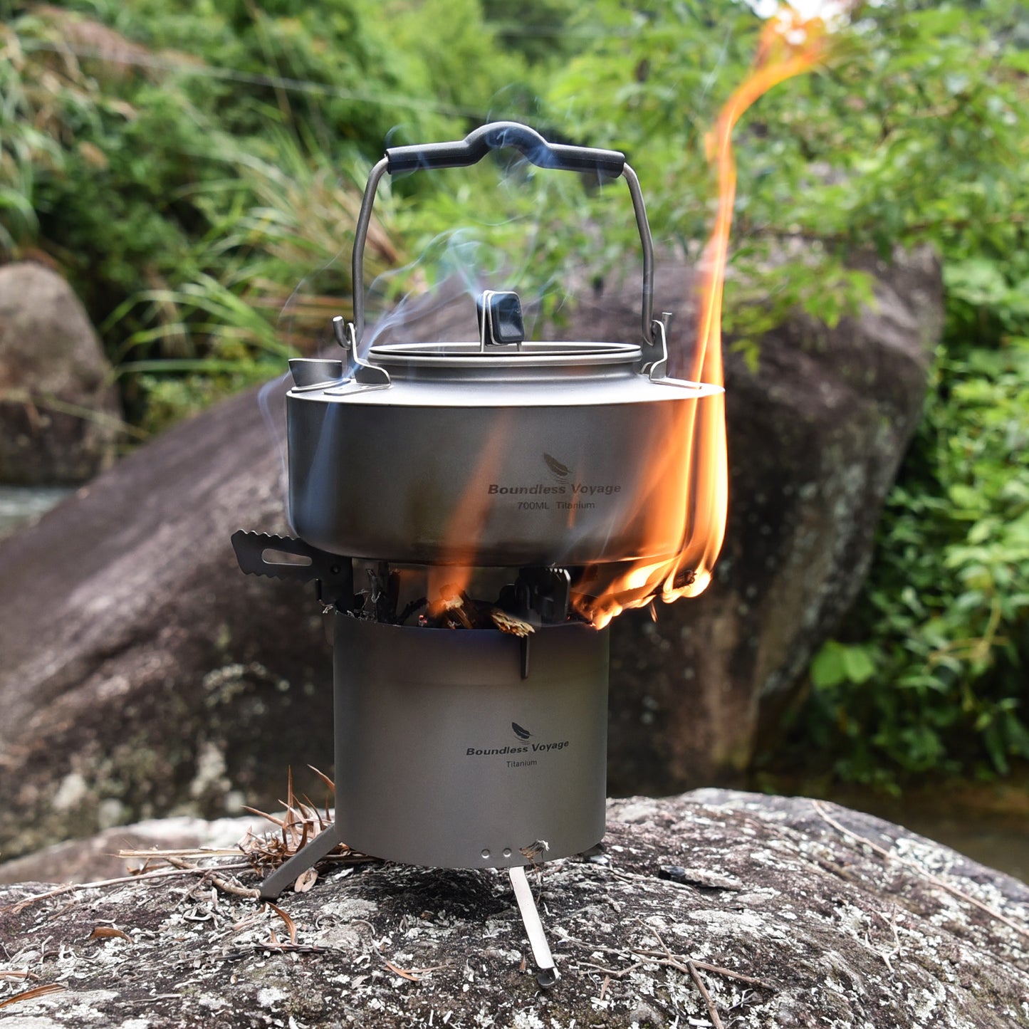 Boundless Voyage Camping Titanium Wood Stove With Removable Pot Stands Folding Legs Outdoor Double-wall Furnace