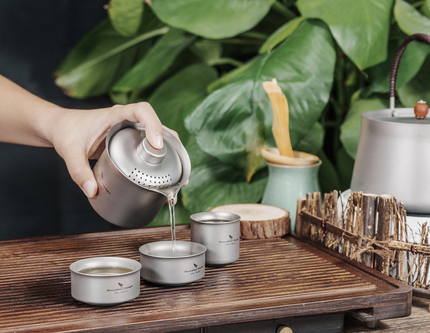 Boundless Voyage Titanium Double-Layer Tea Maker Set – Ultralight Camping Tea Pot + 3 Mini Cups (30ml) for Outdoor Brewing & Travel Tea Ceremony