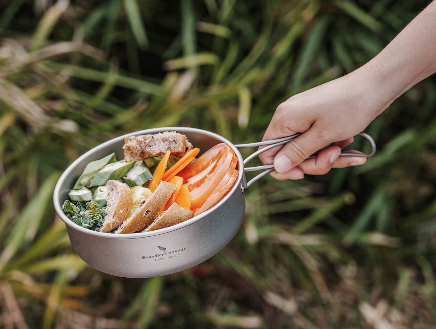 Boundless Voyage Titanium Bowls & Plates Set – 5-Piece Ultralight Folding-Handle Camping Tableware (350/500/600/700/800ml)