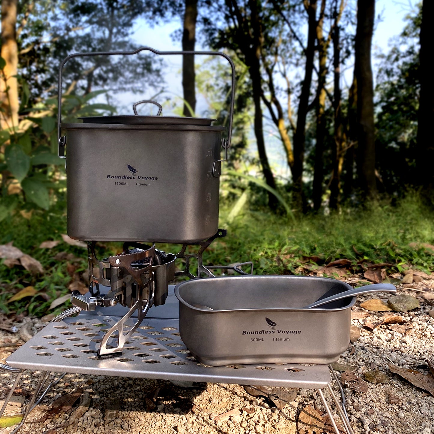 Boundless Voyage Titanium Hanging Pot & Cup Set – Ultralight Campfire Cooking Kit with Lid, TA1 Titanium Camping Cookware for Backpacking, Hiking & Outdoor Use