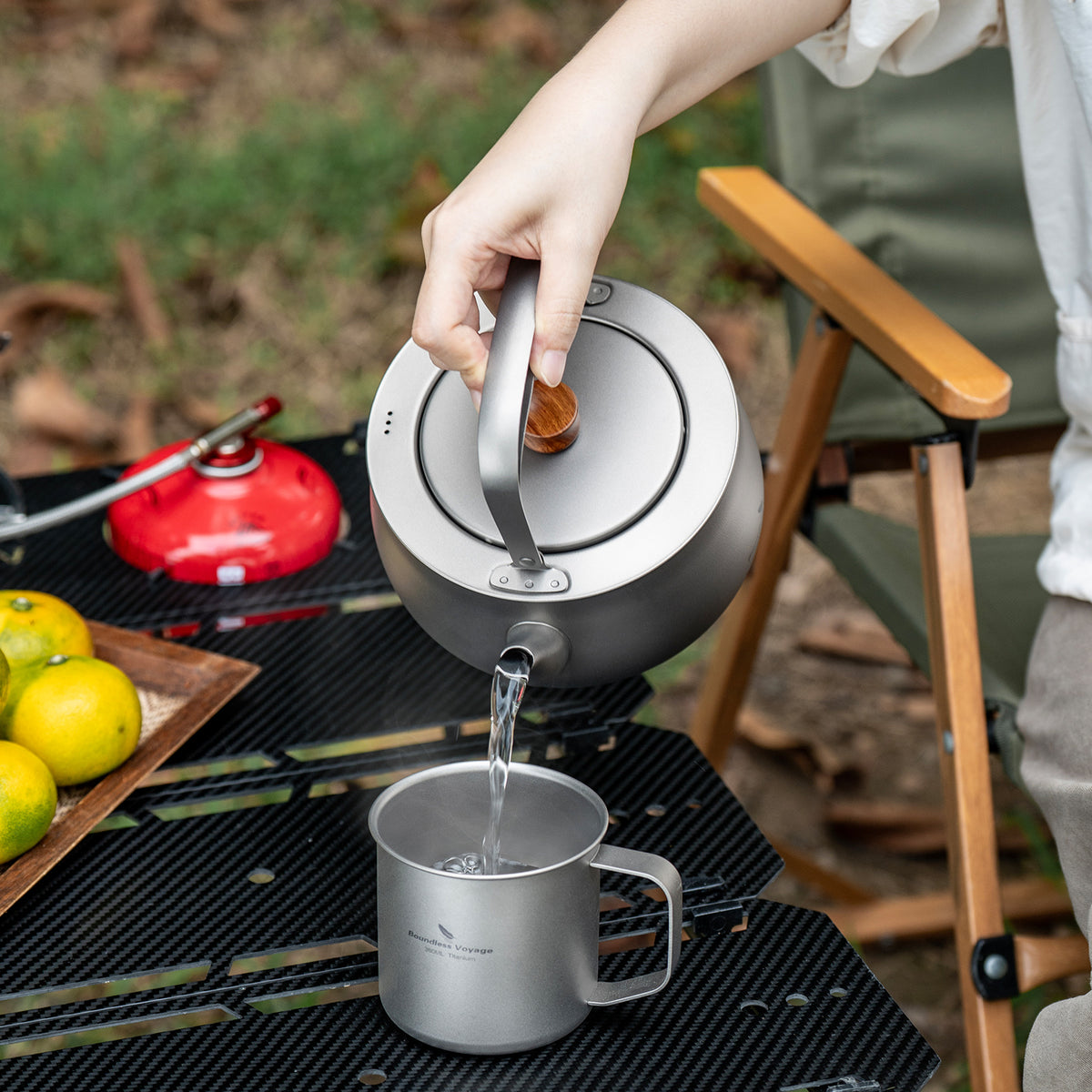 Boundless Voyage 800ml Titanium Camping Kettle – Ultralight Water Boiler with Folding Handle & Wooden Knob for Backpacking, Hiking & Outdoor Cooking