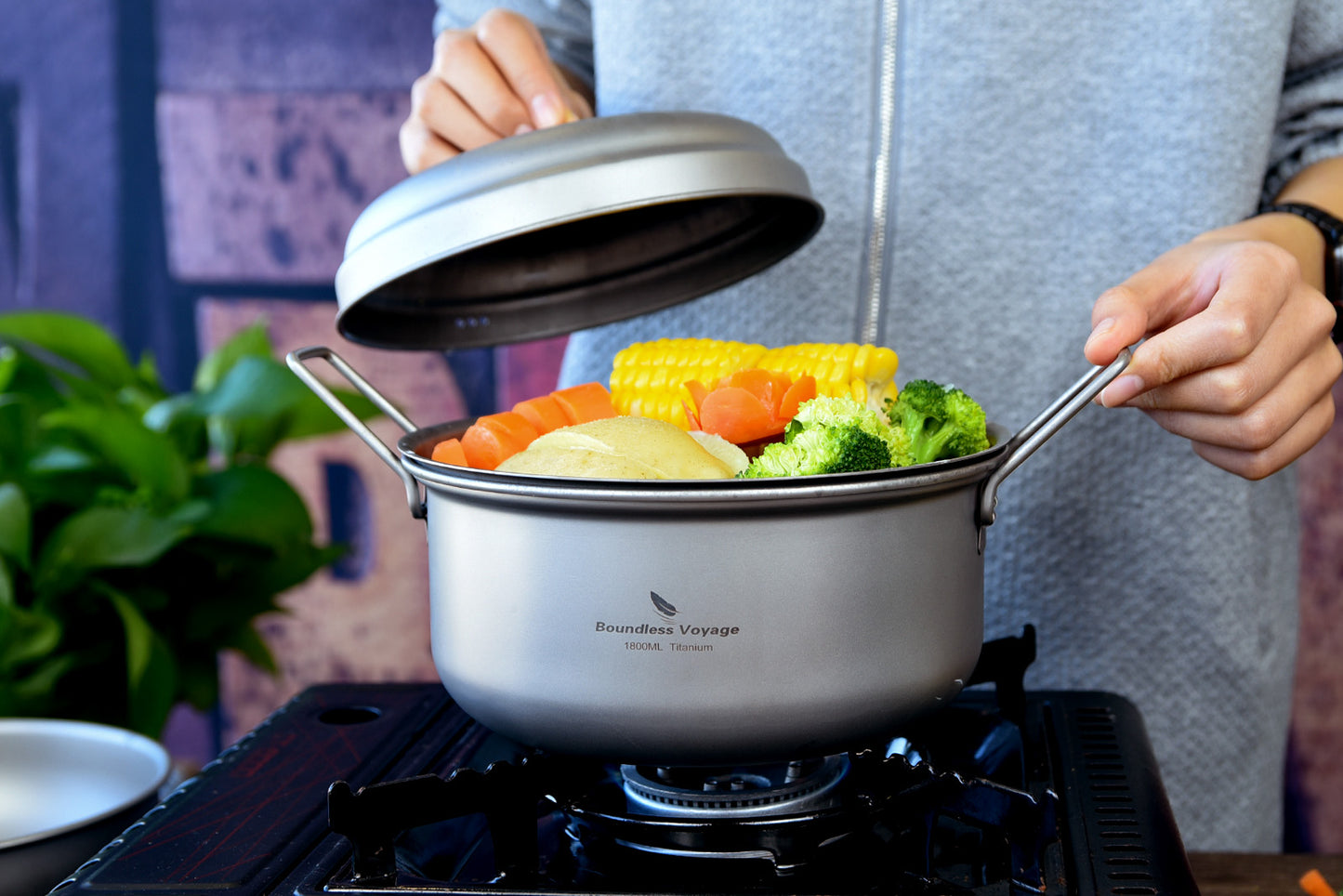 Boundless Voyage Titanium Steamer Pot Set with Lid – Ultralight Camping Stockpot & Steaming Kit, TA1 Titanium Outdoor Cookware for Backpacking, Hiking & Healthy Cooking