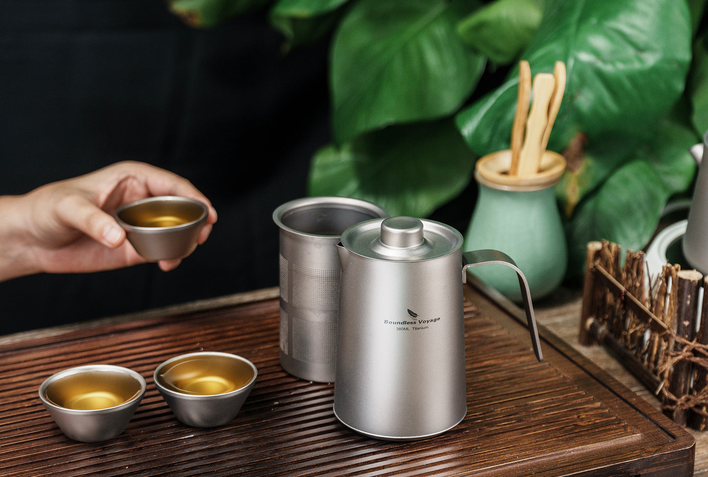 Boundless Voyage 380ml Titanium Teapot Set | 136g Ultralight Kettle with 40ml Double-Wall Cups | Anti-Scald Travel Tea Set for Camping & Hiking