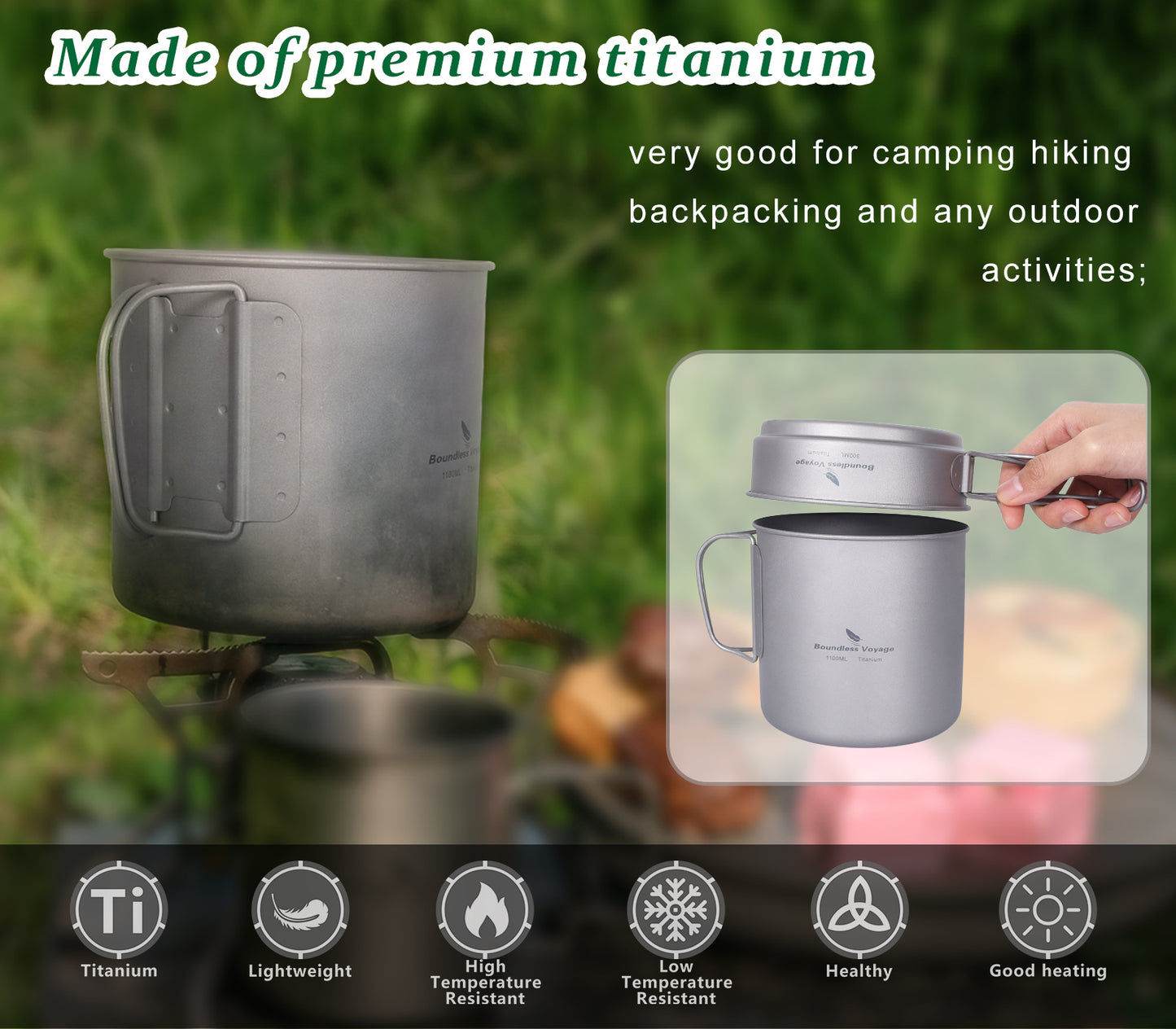 Boundless Voyage Titanium Pot & Pan Set with Folding Handles – Ultralight Camping Cookware Mess Kit for Hiking, Picnic & Outdoor Tableware