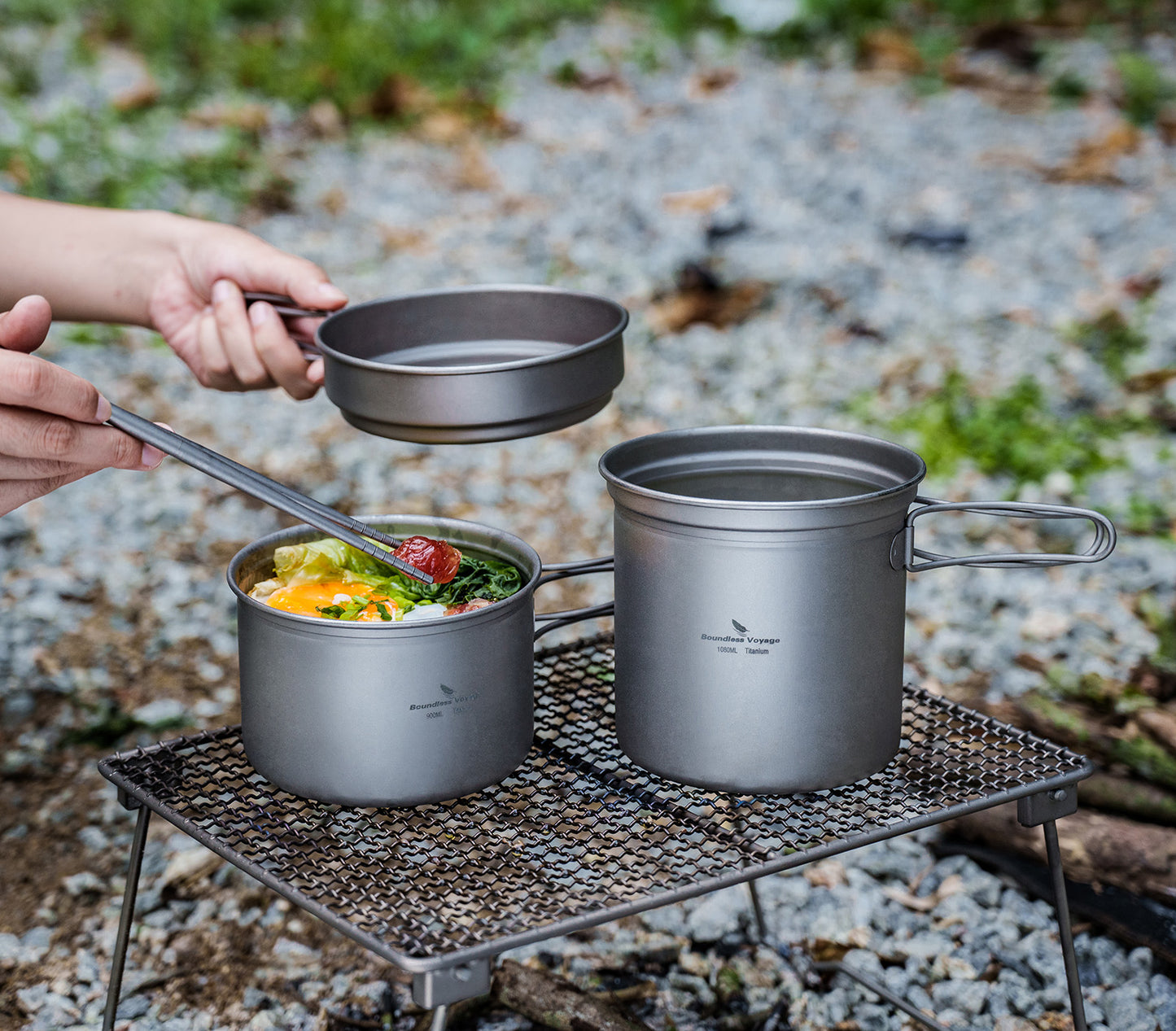 Boundless Voyage Titanium Cookware Set (3-Piece) – Ultralight Camping Pot, Pan & Cooking Set, Nesting TA1 Titanium Gear for Backpacking, Hiking & Outdoor Cookin