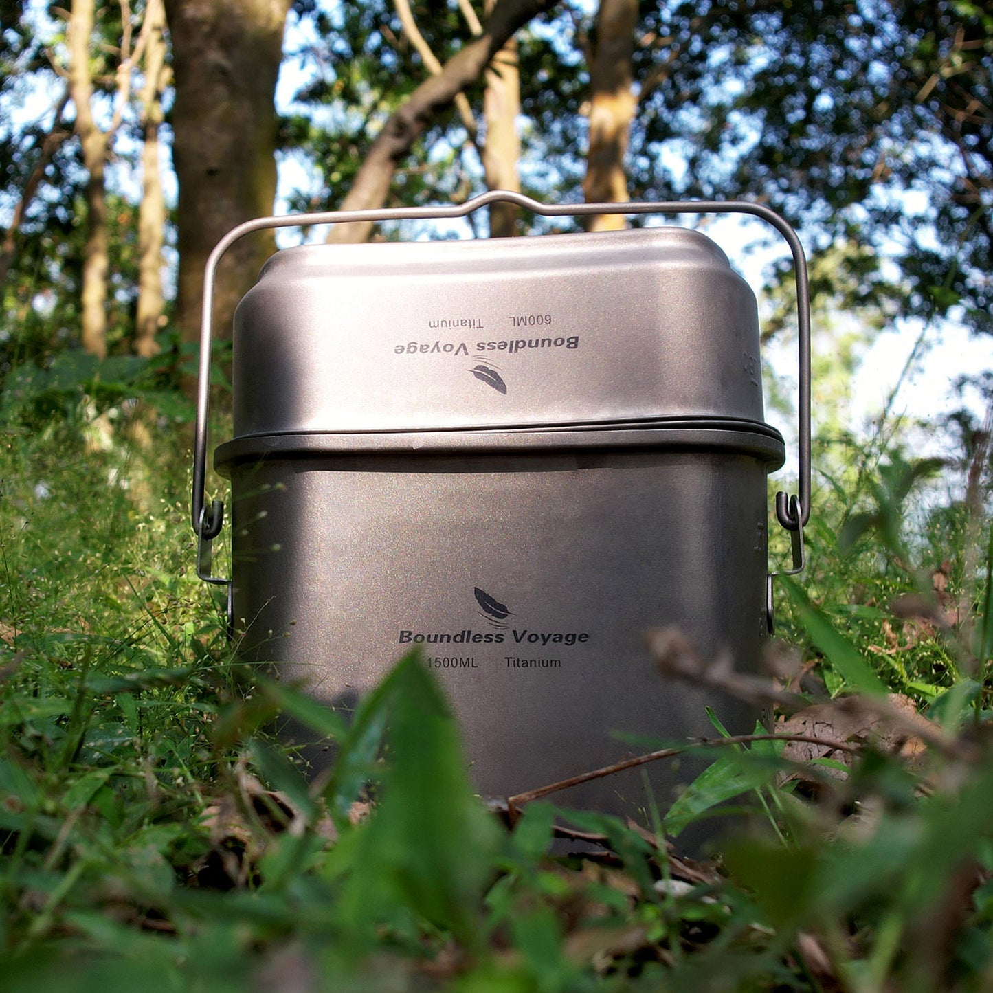 Boundless Voyage Titanium Hanging Pot & Cup Set – Ultralight Campfire Cooking Kit with Lid, TA1 Titanium Camping Cookware for Backpacking, Hiking & Outdoor Use