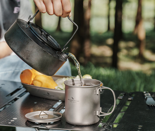 Boundless Voyage 420ml Titanium Camping Mug with Lid | 14.2oz Ultralight Single-Wall Backpacking Cup | Foldable Handle Coffee Mug & Outdoor Cooking Pot | Non-Toxic & BPA-Free