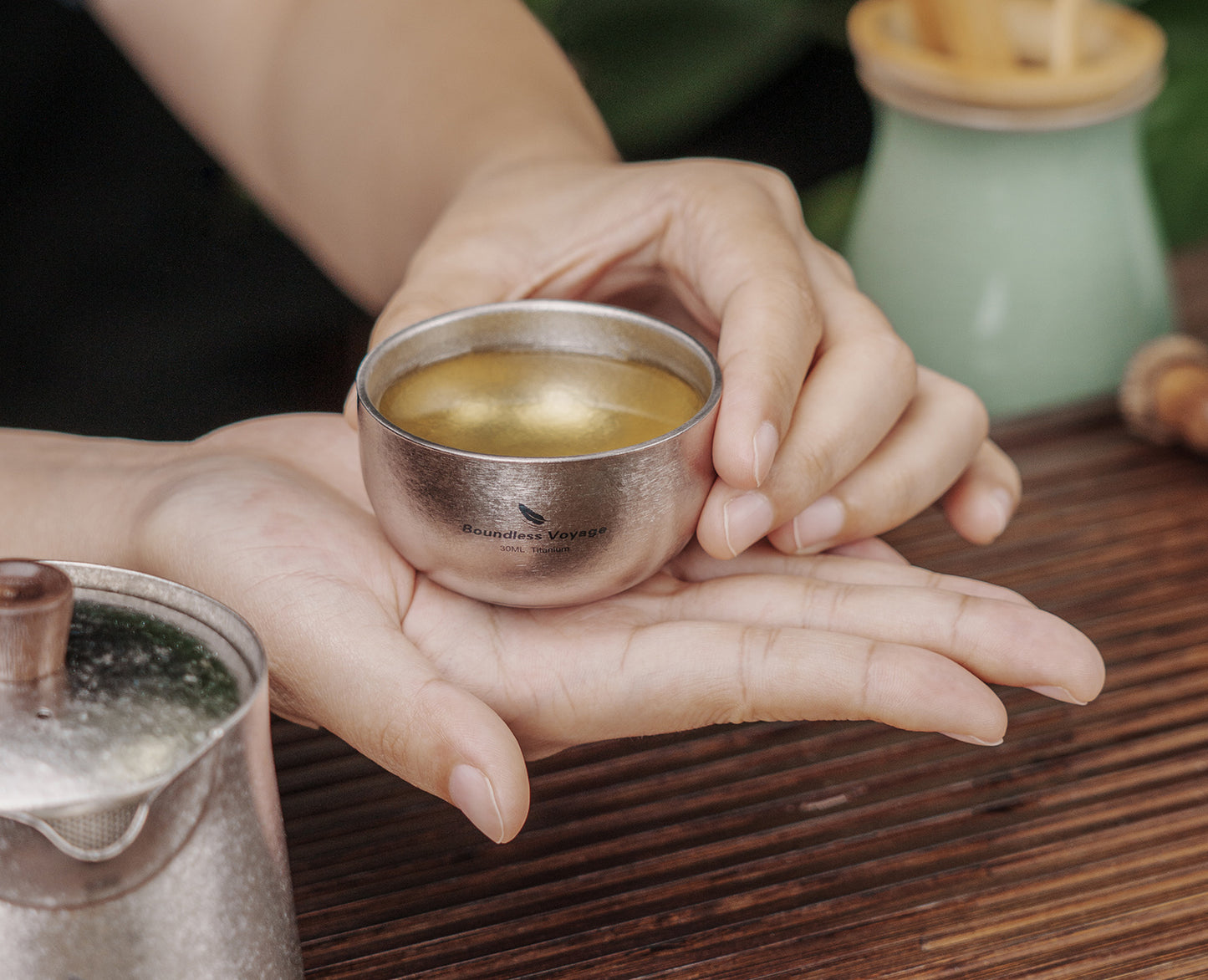 Boundless Voyage 150ml Titanium Double-Layer Tea Set | 109g Ultralight Mini Teapot & 30ml Cup | Insulated Anti-Scald Travel Tea Maker for Camping