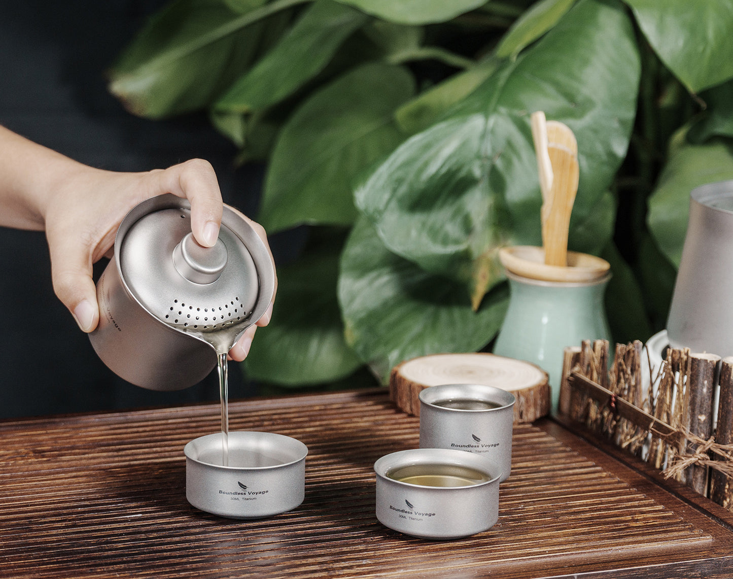 Boundless Voyage Titanium Double-Layer Tea Maker Set – Ultralight Camping Tea Pot + 3 Mini Cups (30ml) for Outdoor Brewing & Travel Tea Ceremony