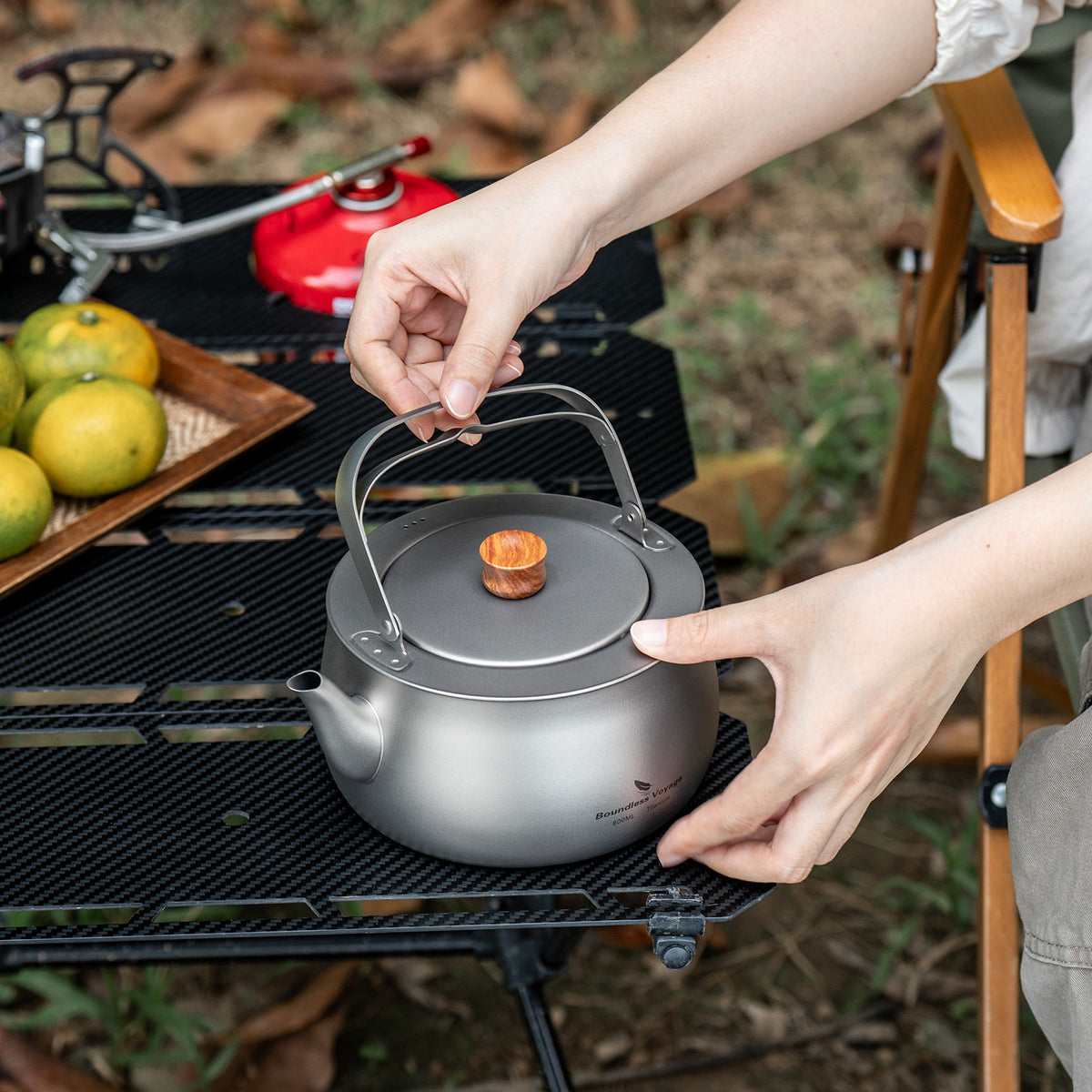 Boundless Voyage 800ml Titanium Camping Kettle – Ultralight Water Boiler with Folding Handle & Wooden Knob for Backpacking, Hiking & Outdoor Cooking