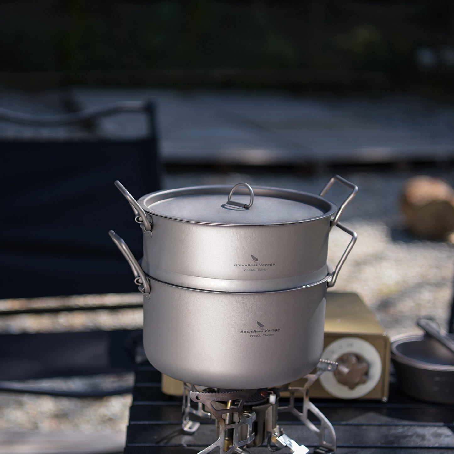 Boundless Voyage Titanium Pot with Steamer 2.2L +1.8L – Ultralight Multifunctional Camping Cookware with Steamer & Lid, TA1 Titanium Outdoor Cooking Kit for Camping, Hiking & Travel