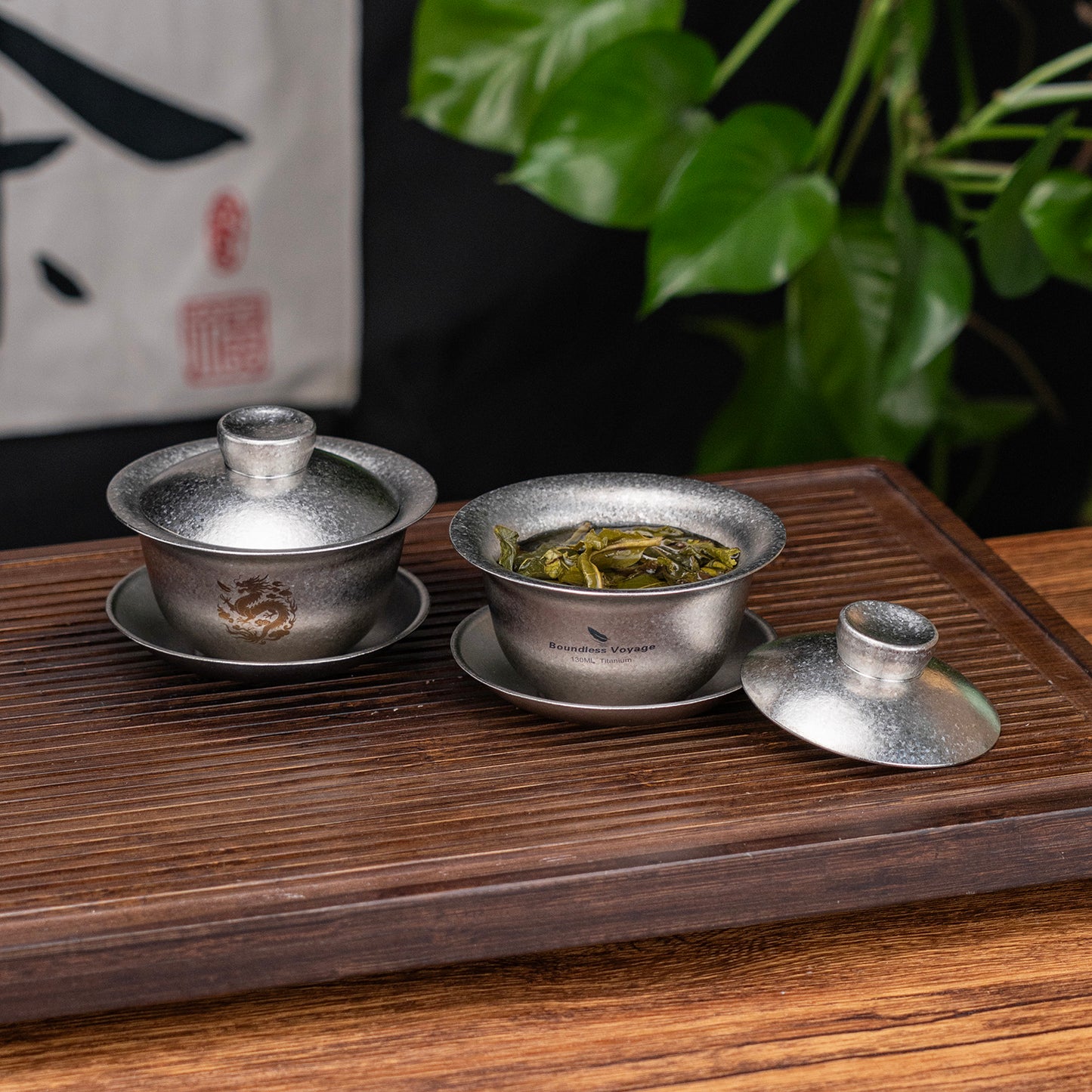 Boundless Voyage 130ml Crystallized Titanium Gaiwan Set | Ultralight 121g Chinese Kung Fu Tea Bowl | Double-Walled Anti-Scald Teacup with Lid & Saucer