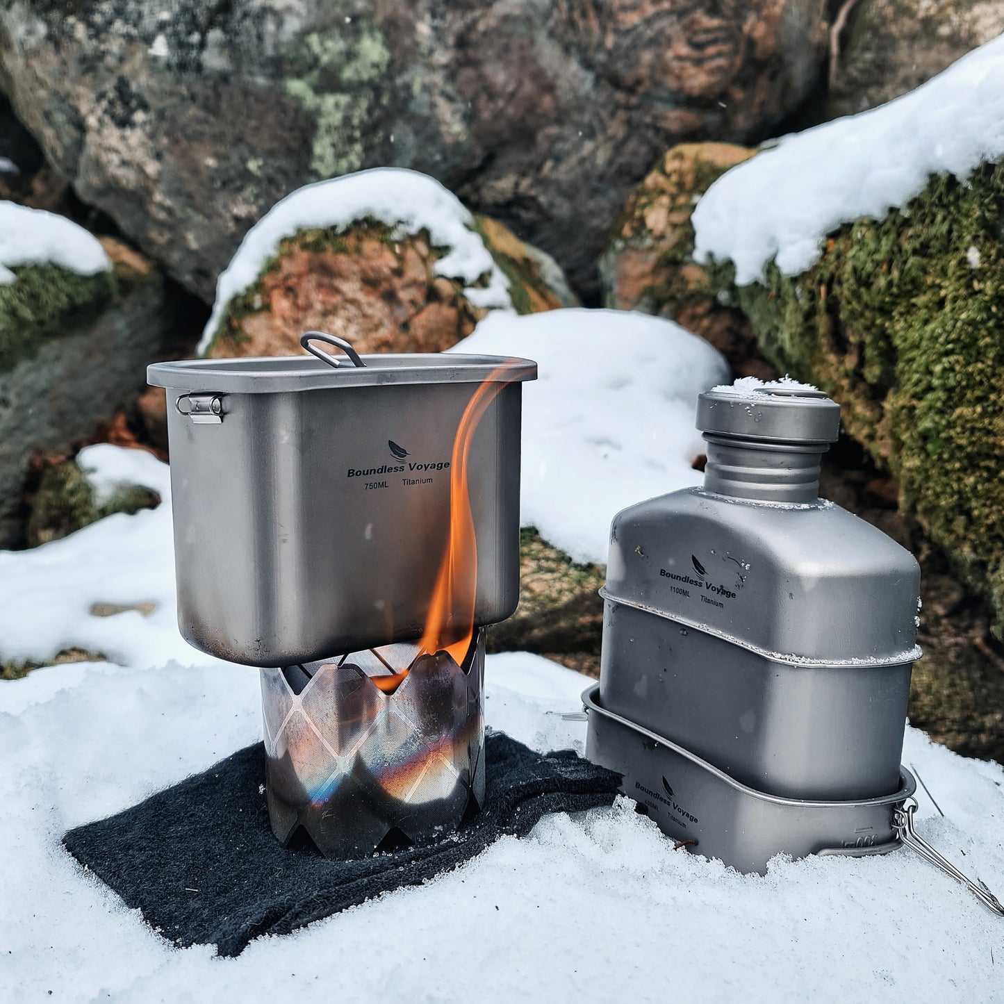 Boundless Voyage TA1 Titanium Military Canteen Set 400ml+750ml Ultralight Cooking & Mess Kit for Camping & Survival