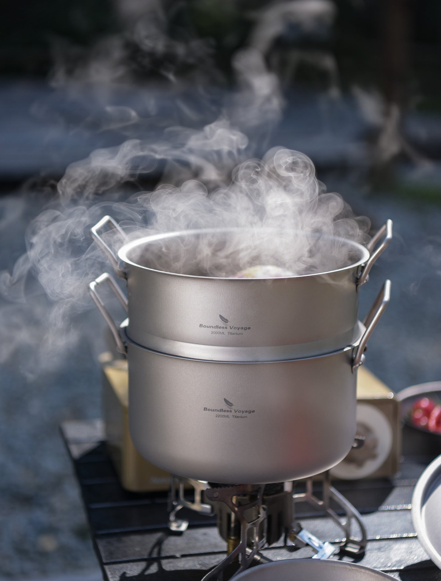 Boundless Voyage Titanium Pot with Steamer 2.2L +1.8L – Ultralight Multifunctional Camping Cookware with Steamer & Lid, TA1 Titanium Outdoor Cooking Kit for Camping, Hiking & Travel
