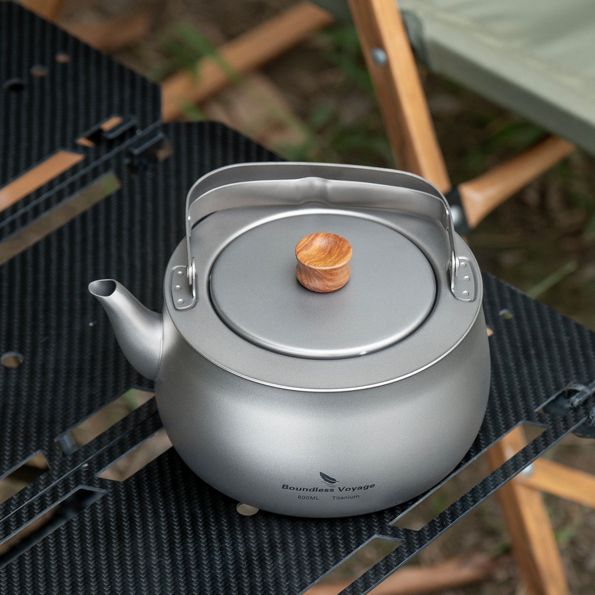 Boundless Voyage 800ml Titanium Camping Kettle – Ultralight Water Boiler with Folding Handle & Wooden Knob for Backpacking, Hiking & Outdoor Cooking