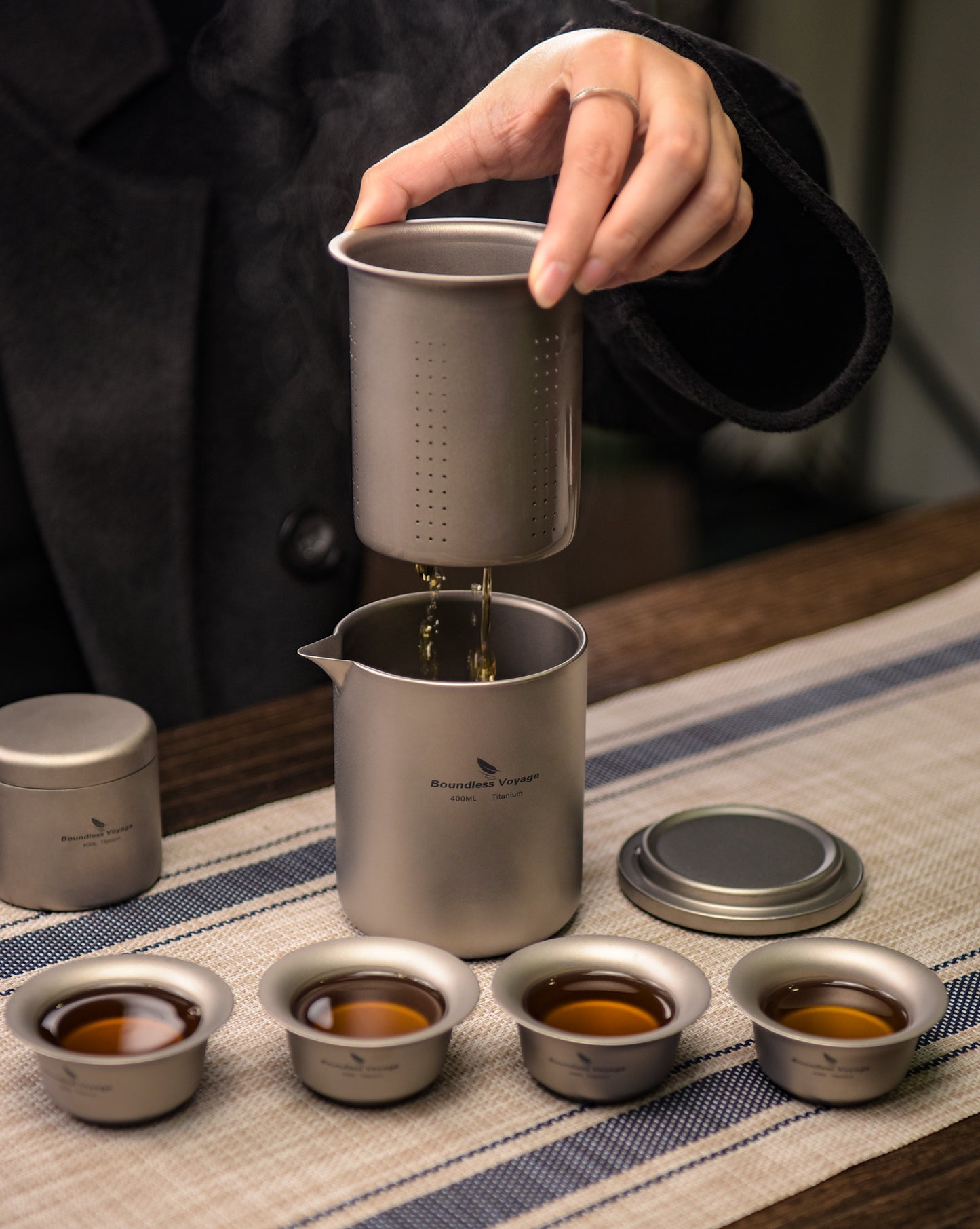 Boundless Voyage 400ml Titanium Double-Layer Tea Set | Insulated Teapot with 4pcs 40ml Anti-Scald Cups | Lightweight 168g Travel Tea Maker for Camping