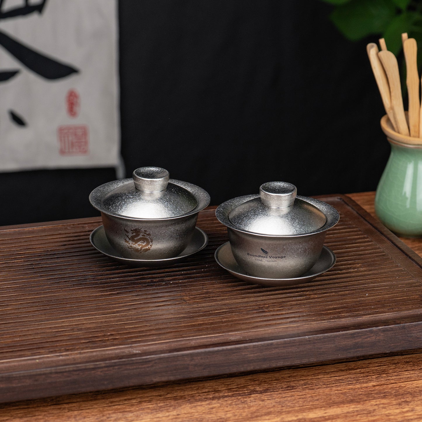 Boundless Voyage 130ml Crystallized Titanium Gaiwan Set | Ultralight 121g Chinese Kung Fu Tea Bowl | Double-Walled Anti-Scald Teacup with Lid & Saucer