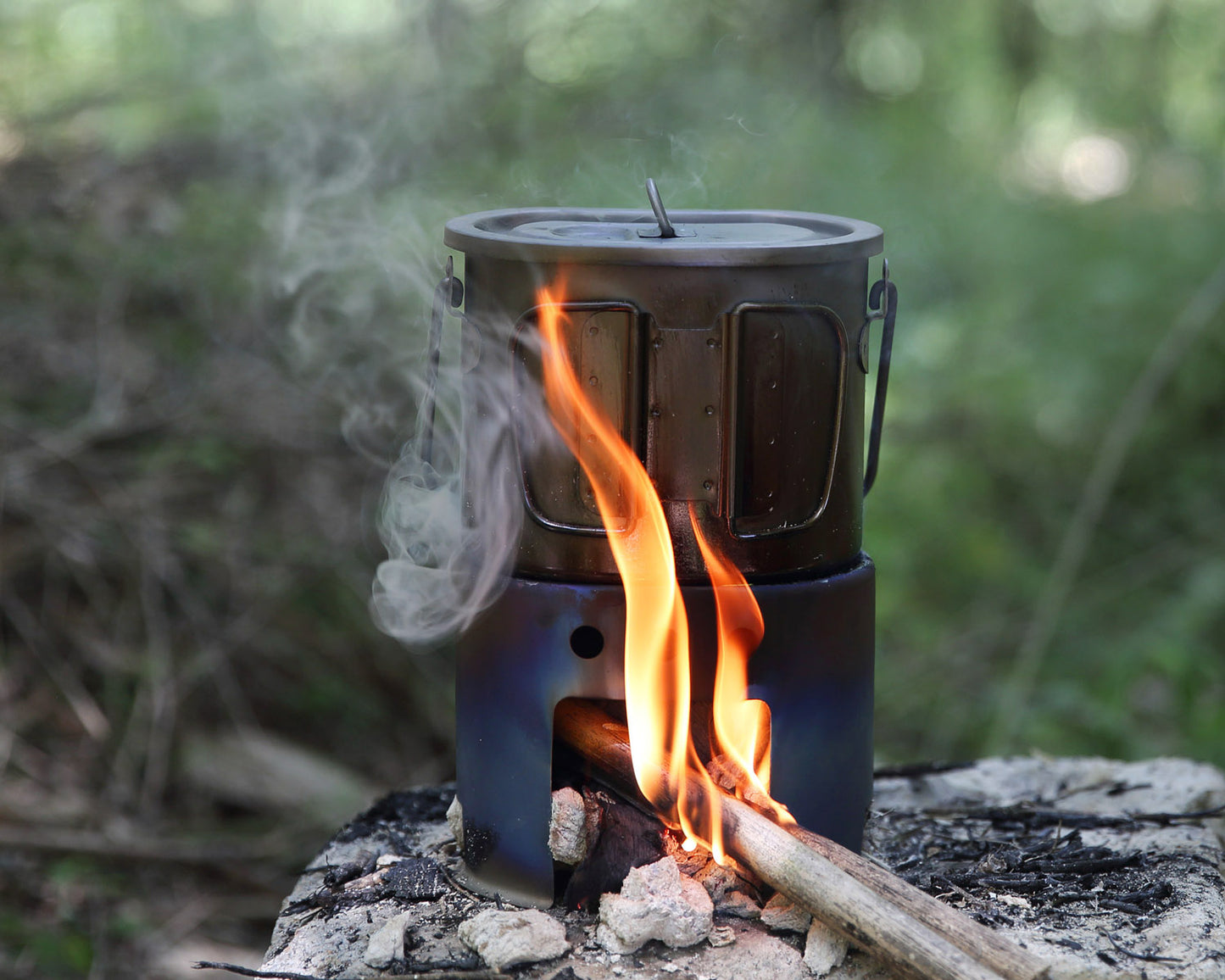 Boundless Voyage Outdoor Camping Titanium Pot Wood Stove set with Folding Handle Hanging Ring 2 in 1 Canteen Cup Furnace