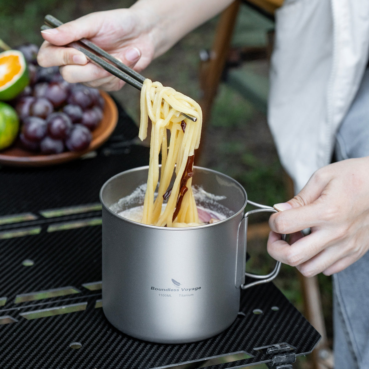 Boundless Voyage Titanium Pot & Pan Set with Folding Handles – Ultralight Camping Cookware Mess Kit for Hiking, Picnic & Outdoor Tableware