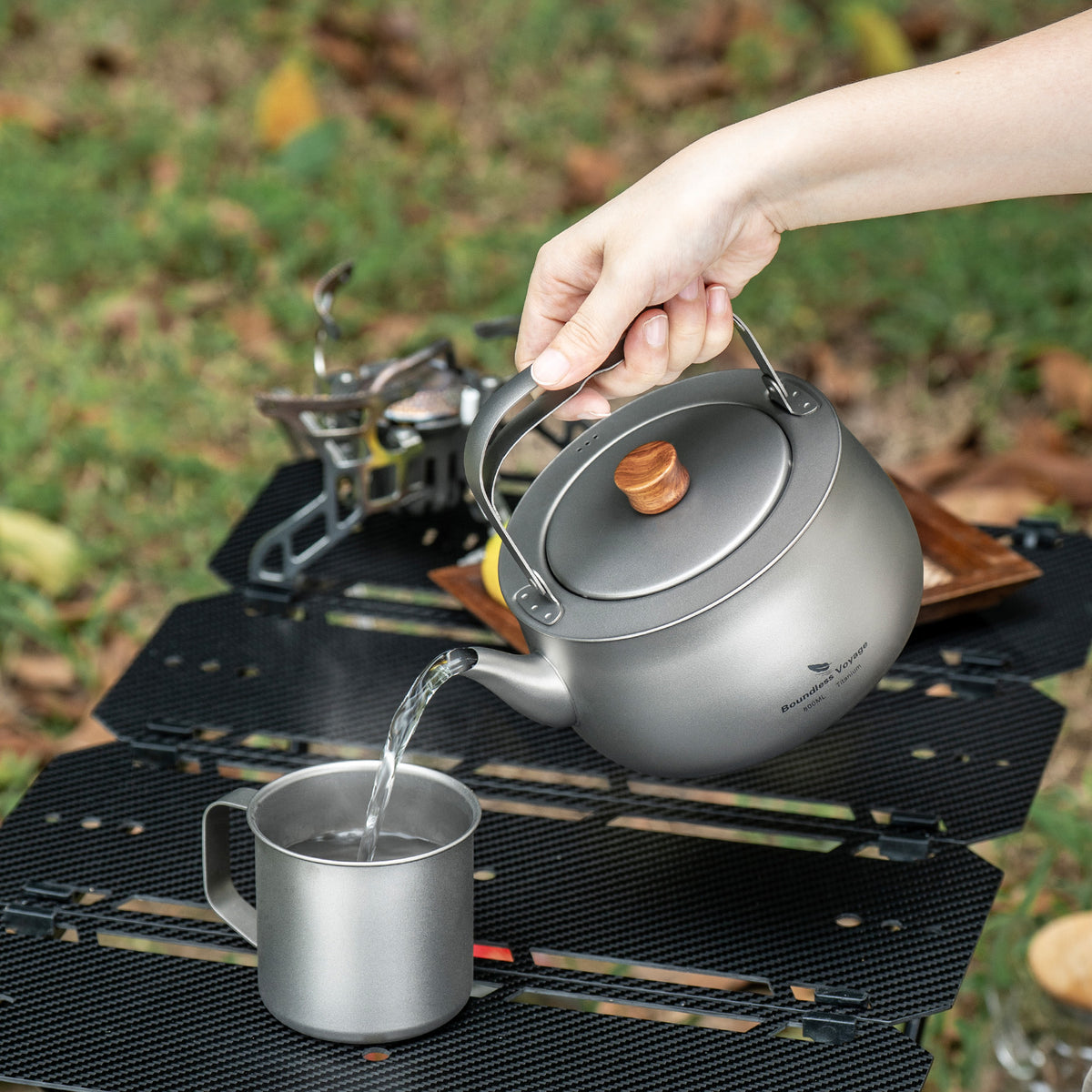 Boundless Voyage 800ml Titanium Camping Kettle – Ultralight Water Boiler with Folding Handle & Wooden Knob for Backpacking, Hiking & Outdoor Cooking