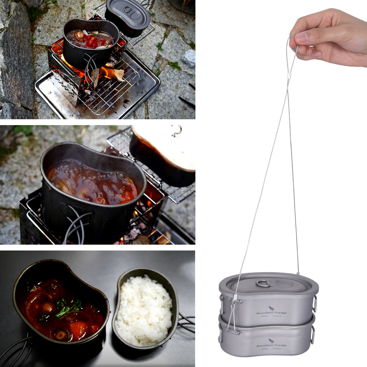 Boundless Voyage Outdoor Titanium Pot with Folding Handle Hanging Ring Camping Hiking Ultralight Portable Bowl Mess Kit 2 pcs