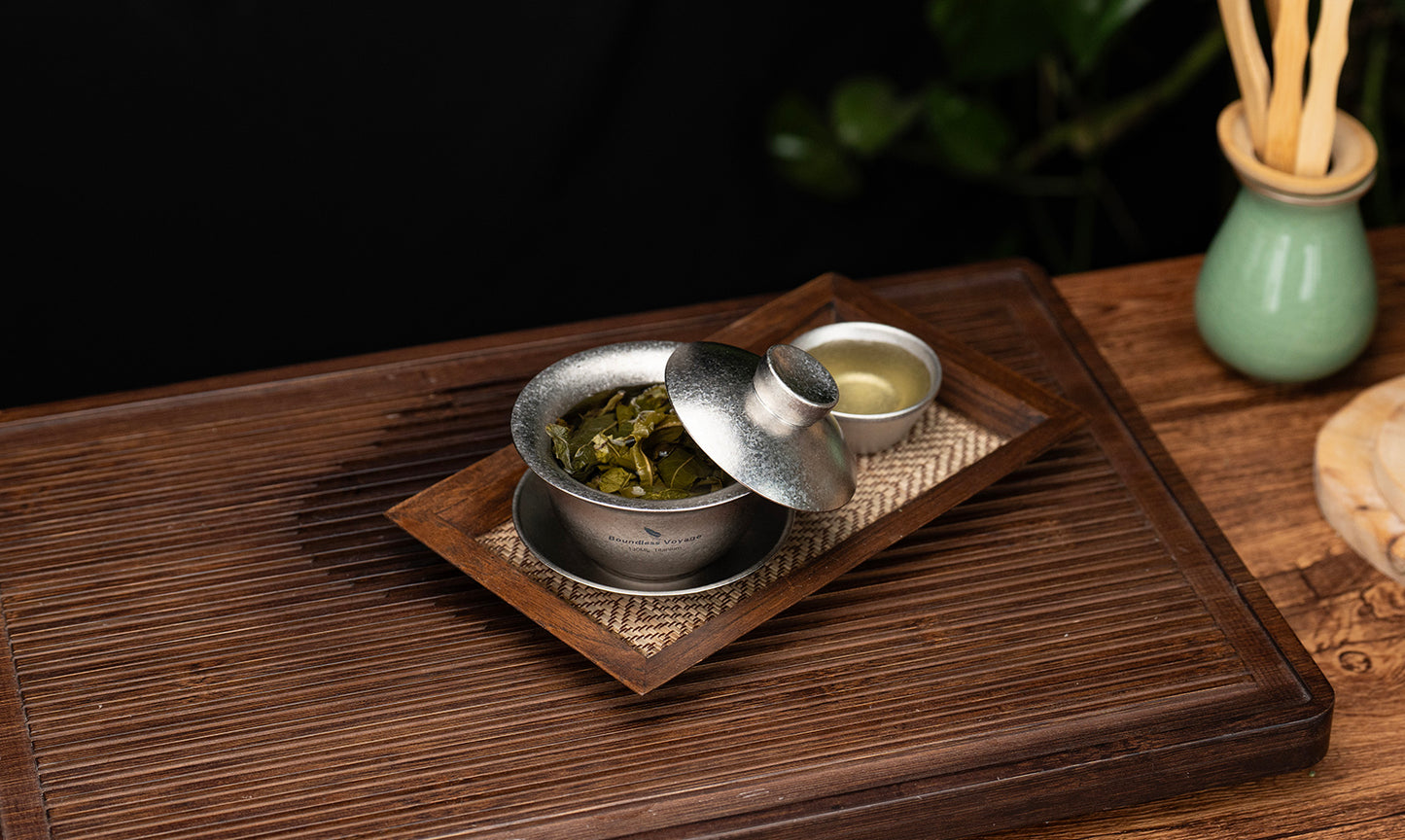 Boundless Voyage 130ml Crystallized Titanium Gaiwan Set | Ultralight 121g Chinese Kung Fu Tea Bowl | Double-Walled Anti-Scald Teacup with Lid & Saucer
