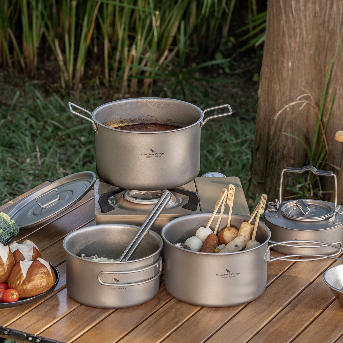 Boundless Voyage Titanium 3pcs Camping Cookware Mess Kit, Camping Cooking Set,  Portable Nonstick Camp Pots Set 1.4L 1.6L 2.4L for Outdoor Camping