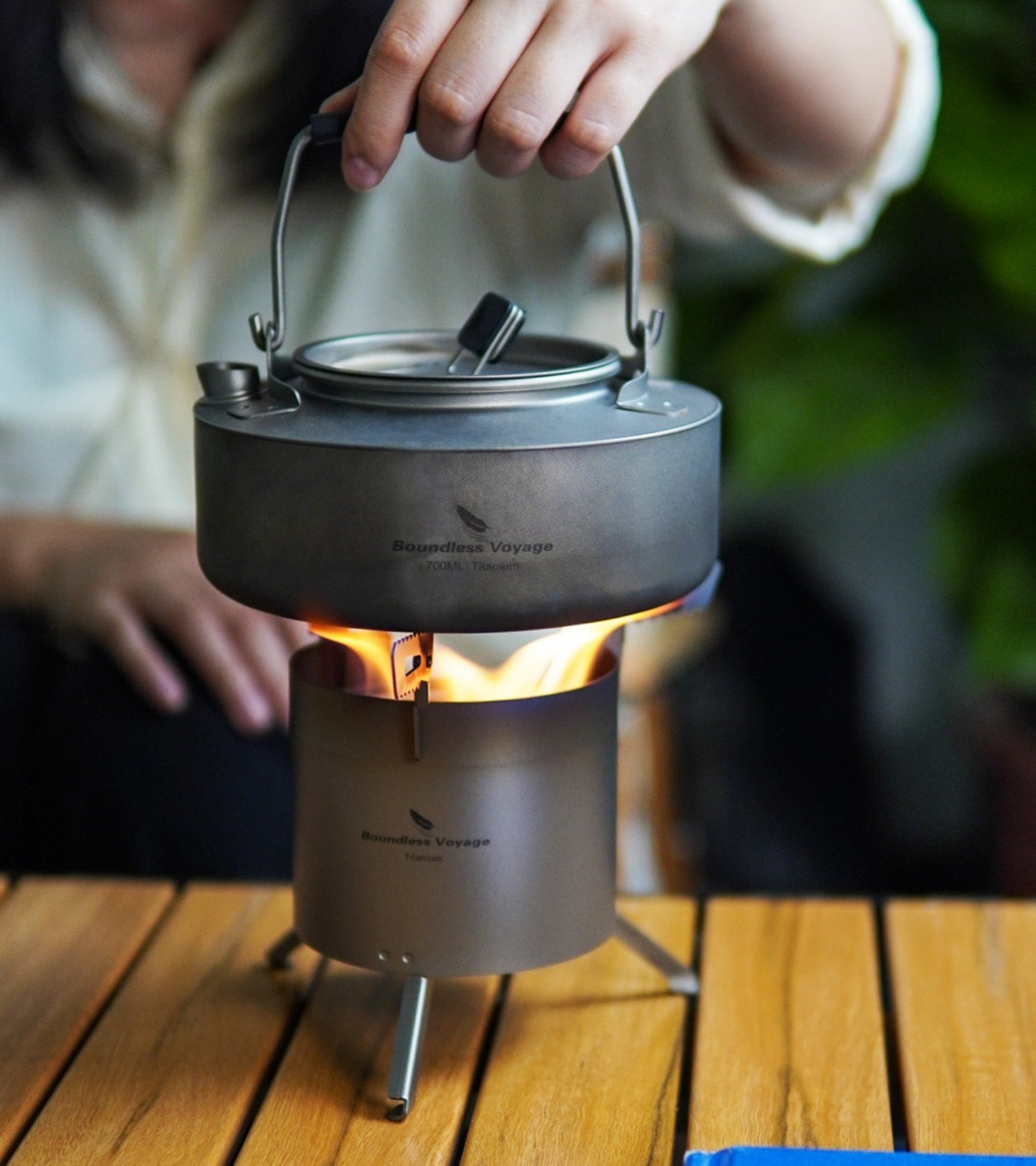 Boundless Voyage Camping Titanium Wood Stove With Removable Pot Stands Folding Legs Outdoor Double-wall Furnace